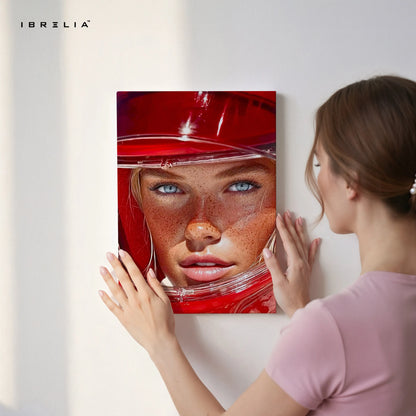 Red Helmet Portrait Wall Art – Aesthetic Fashion Canvas Frame | Bold Modern Female Poster Pakistan | IBRELIA™ IBRELIA
