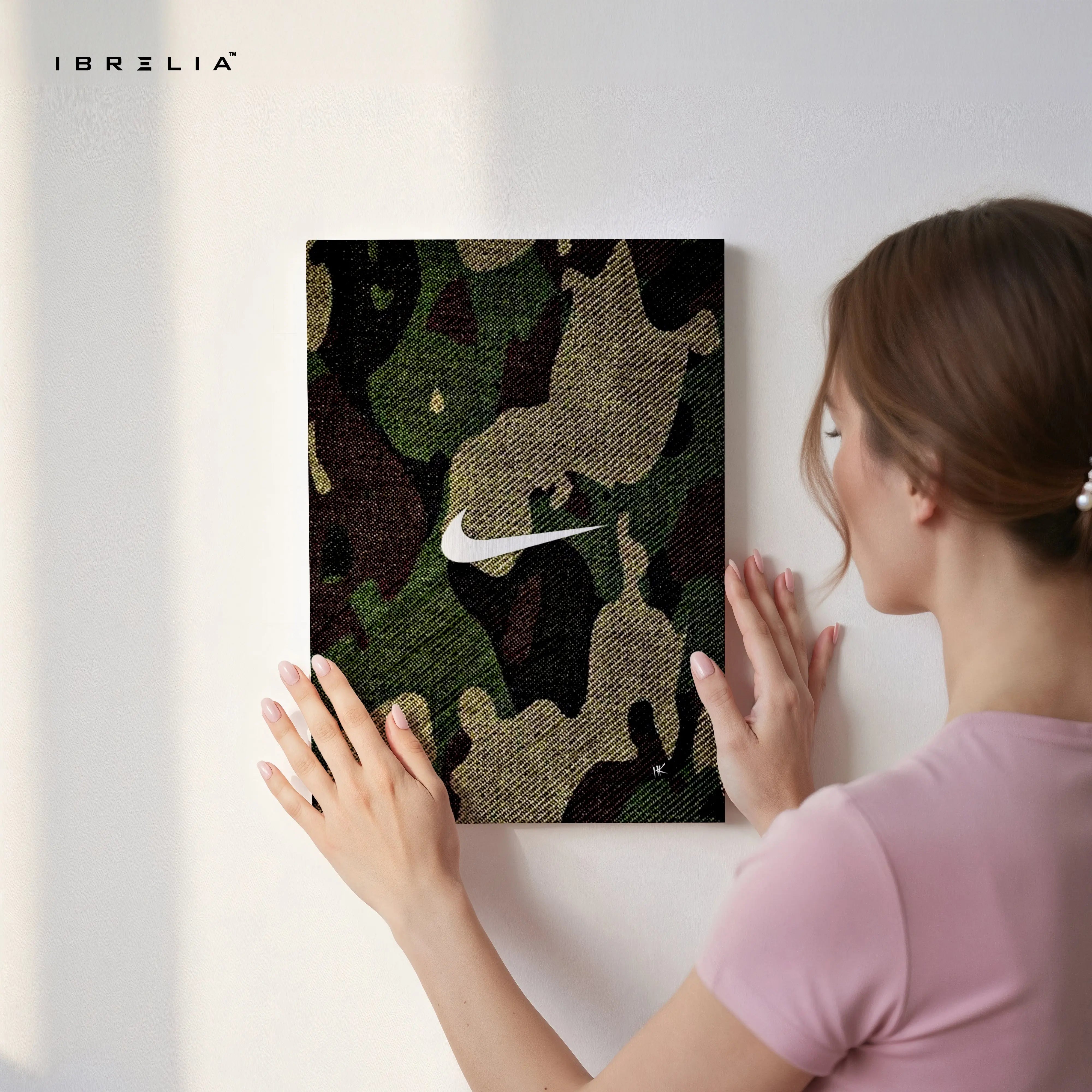 Camo Nike Minimal Wall Art – Streetwear Aesthetic Canvas Frame | Military Pattern Sneaker Style Poster Pakistan | IBRELIA™ IBRELIA