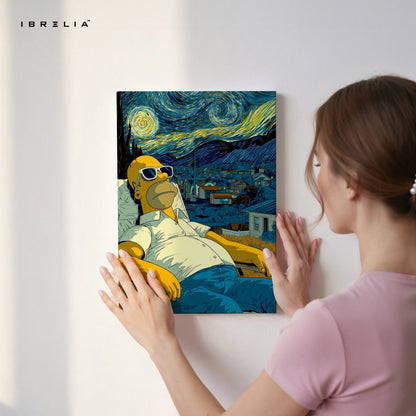 Starry Night Cartoon Relax Wall Art – Artistic Parody Canvas Frame | Aesthetic Chill Poster Pakistan | IBRELIA™ IBRELIA