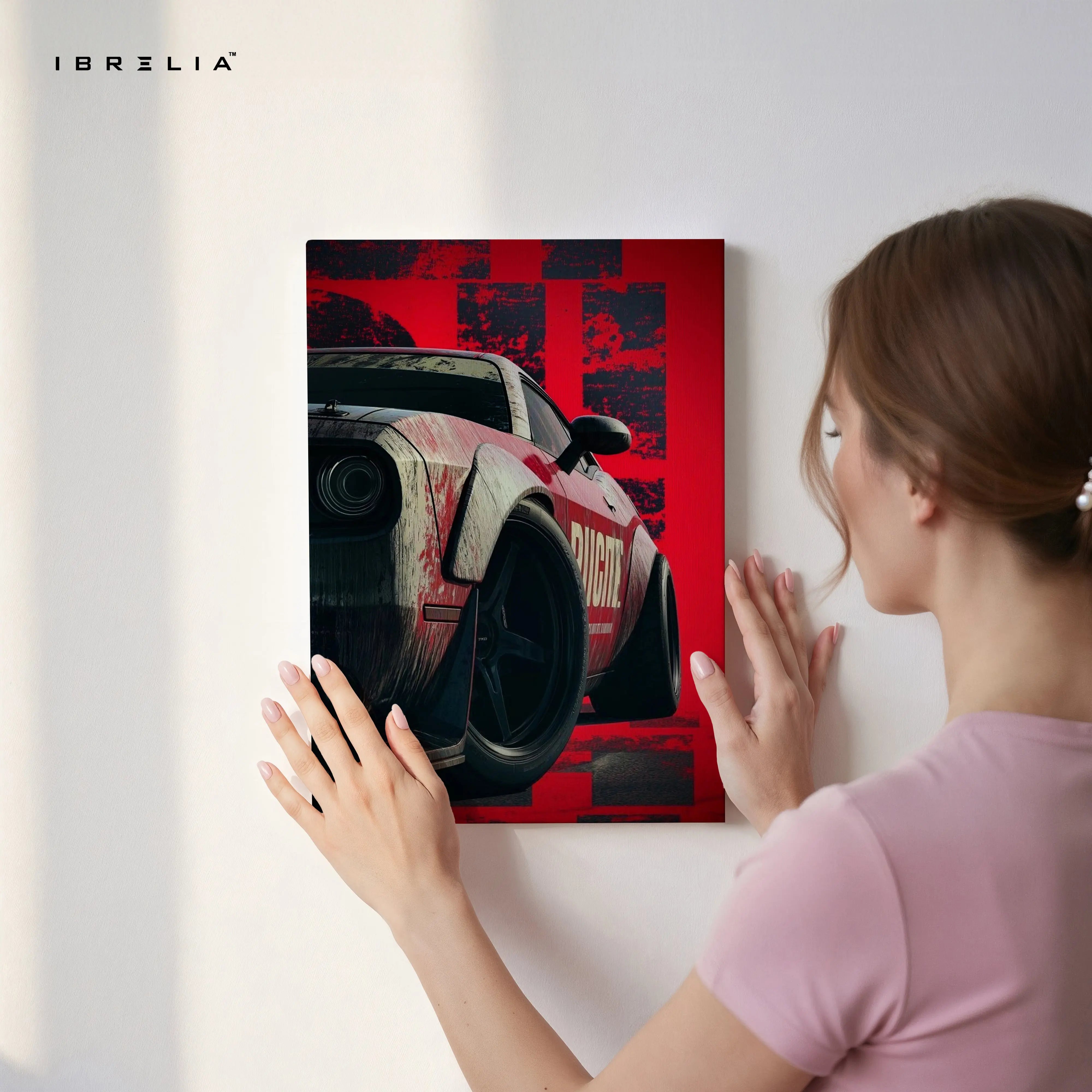 Red Muscle Car Power Wall Art – Racing Drift Automotive Canvas Frame | Aggressive Sports Car Poster Pakistan | IBRELIA™ IBRELIA