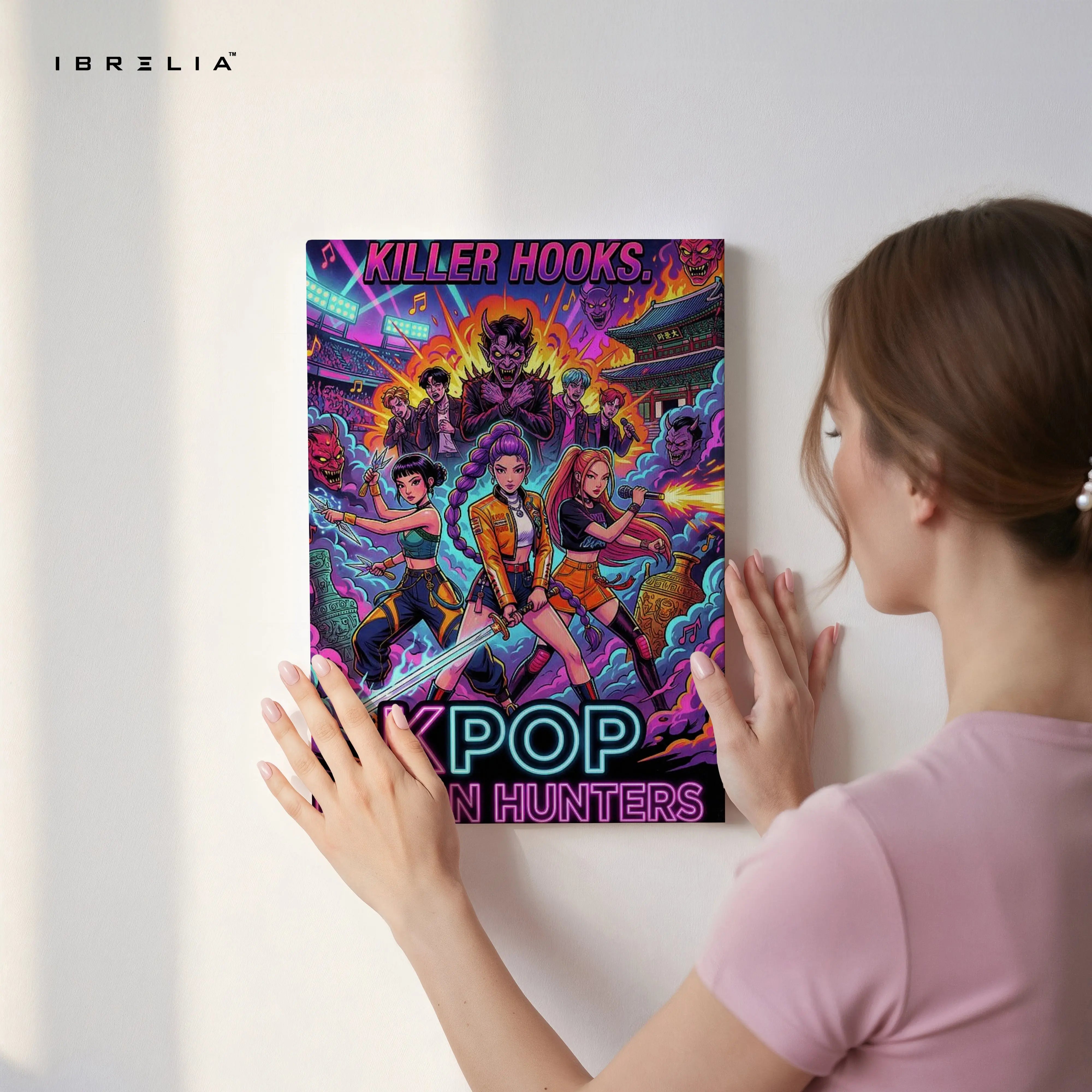 KPOP Demon Hunters Wall Art – Neon Anime Style Canvas Frame | Killer Hooks Poster Pakistan | IBRELIA™ IBRELIA