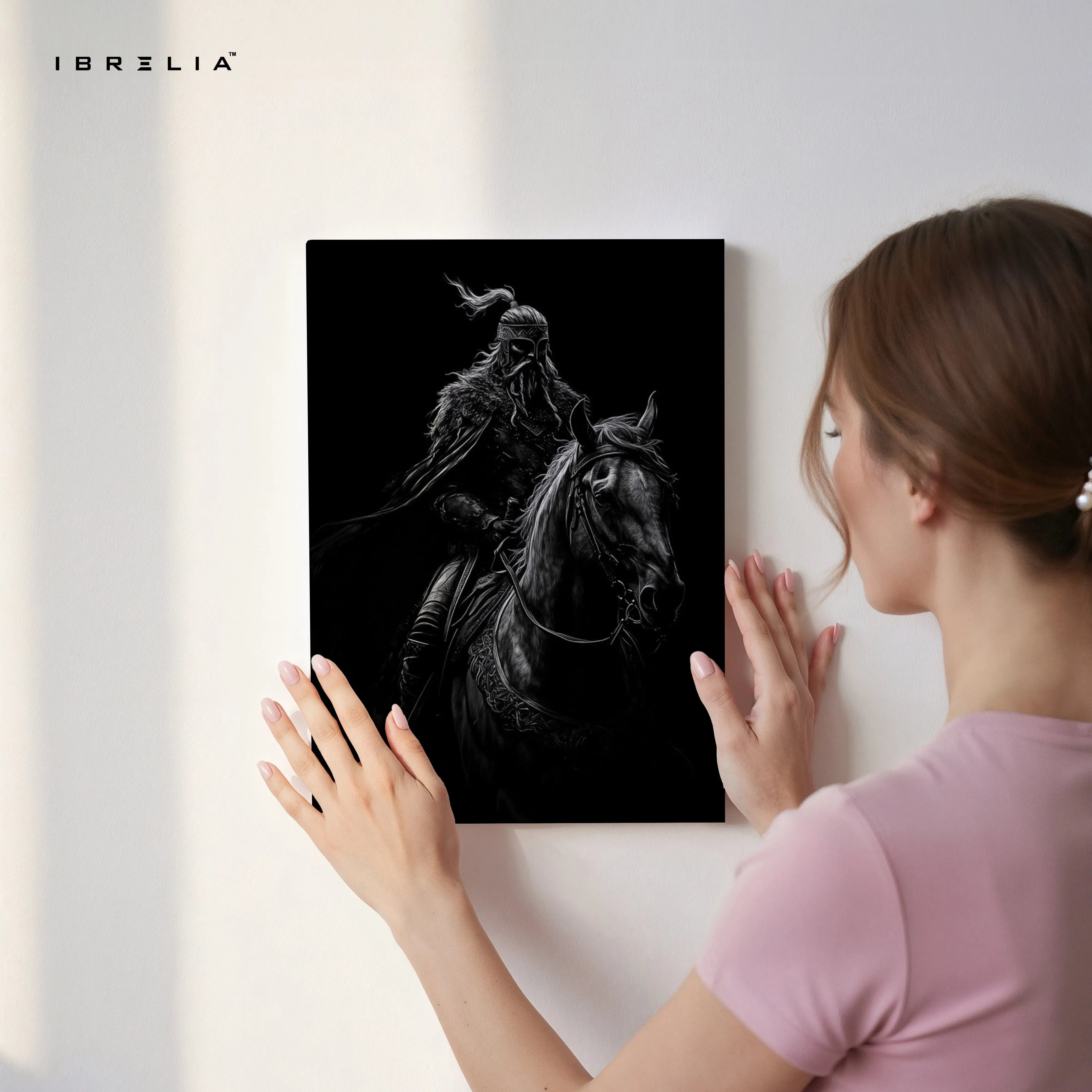 Dark Warrior Wall Art – Viking Rider Canvas Frame | Black Aesthetic Horse Poster Pakistan | IBRELIA™ IBRELIA