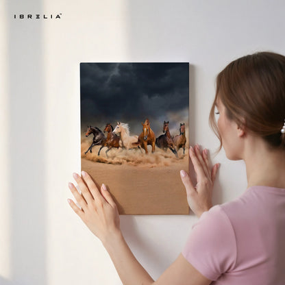 Storm Stallions Charge Art – Wild Running Horses Dark Sky Wall Art | 4K Ultra Wrap Frame Wall Art in Pakistan | IBRELIA™ IBRELIA