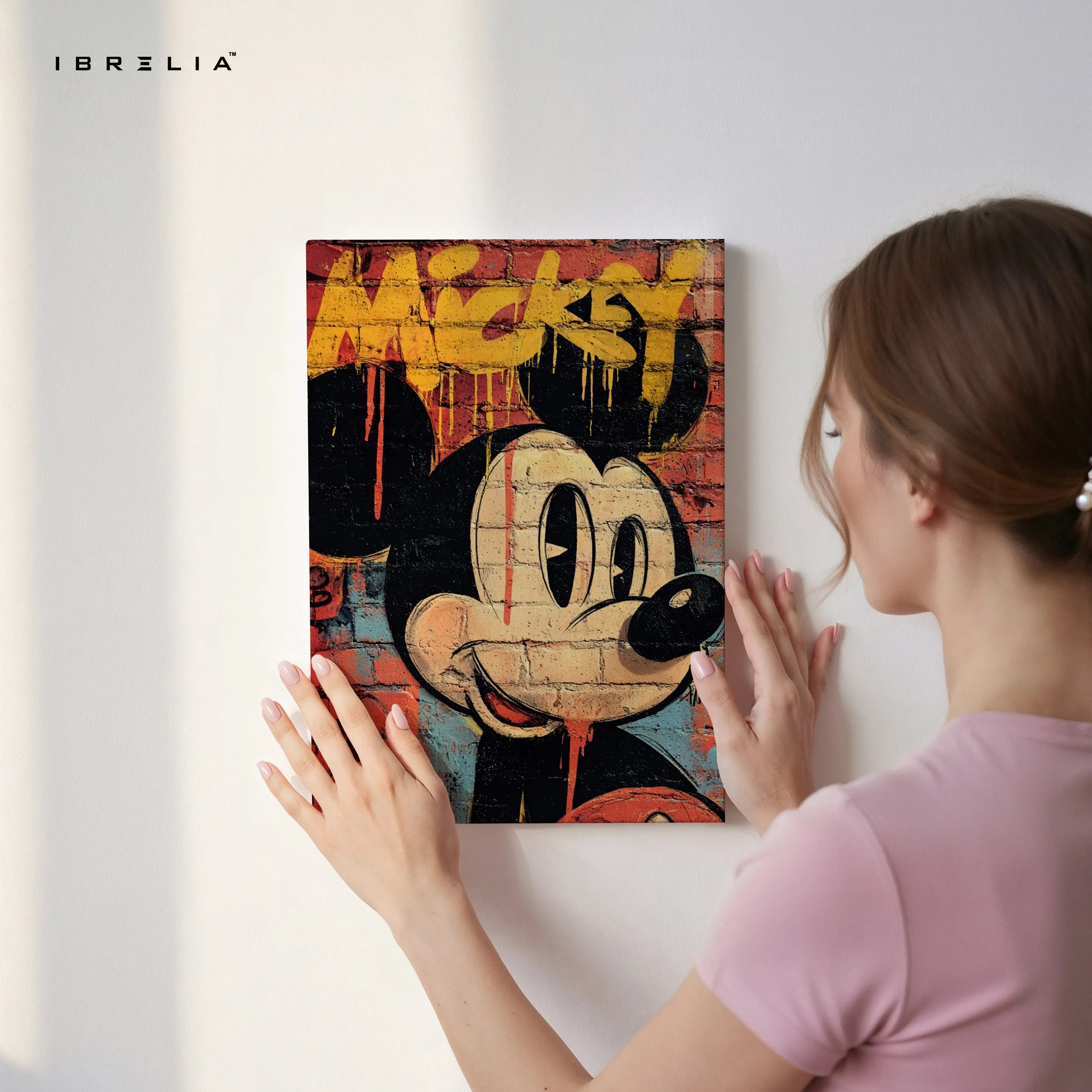 Mickey Mouse Graffiti Wall Art – Street Art Cartoon Canvas Frame | Urban Brick Style Poster Pakistan | IBRELIA™ IBRELIA