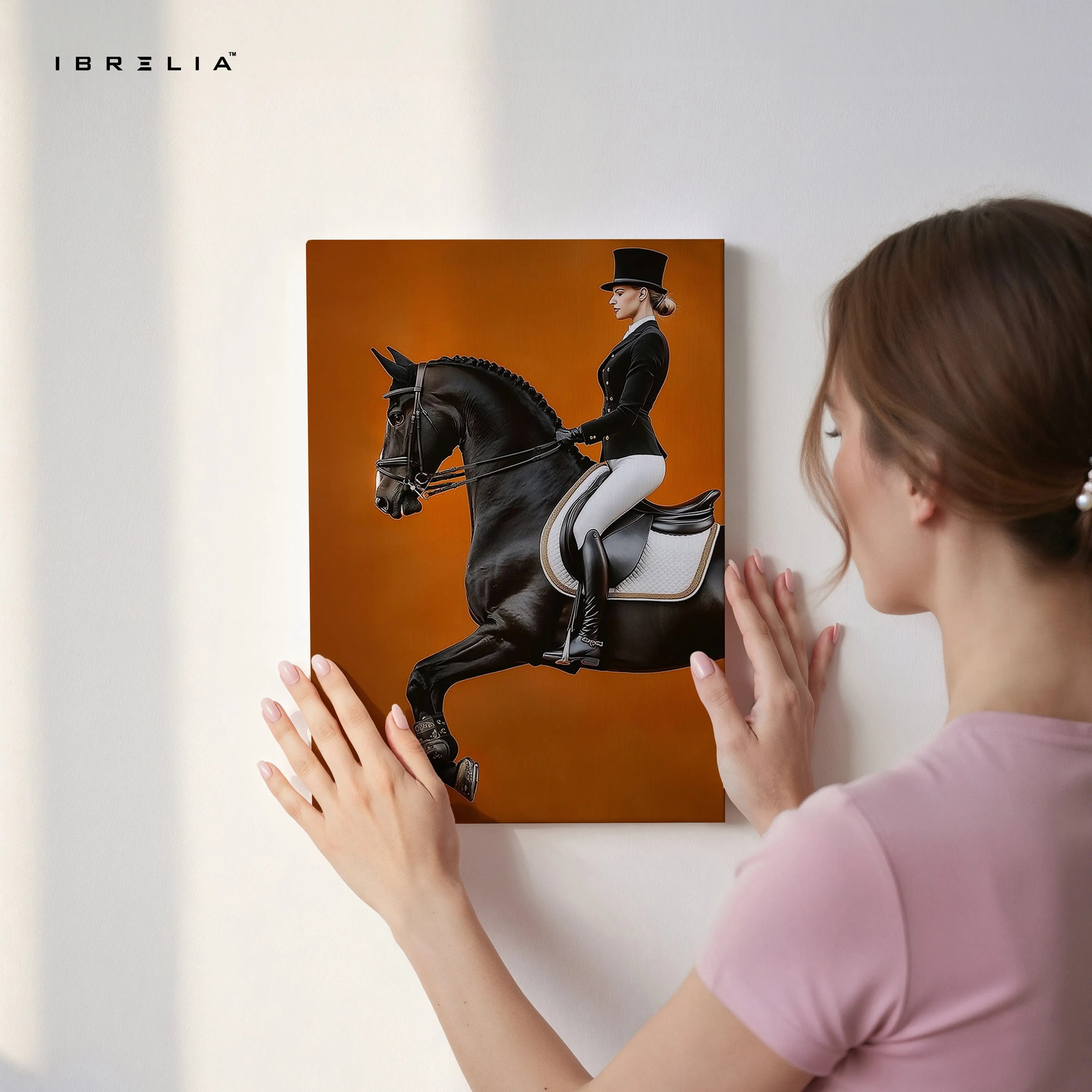 Royal Dressage Elegance Art – Black Horse Rider Luxury Minimal Wall Art | 4K Ultra Wrap Frame Wall Art in Pakistan | IBRELIA™ IBRELIA