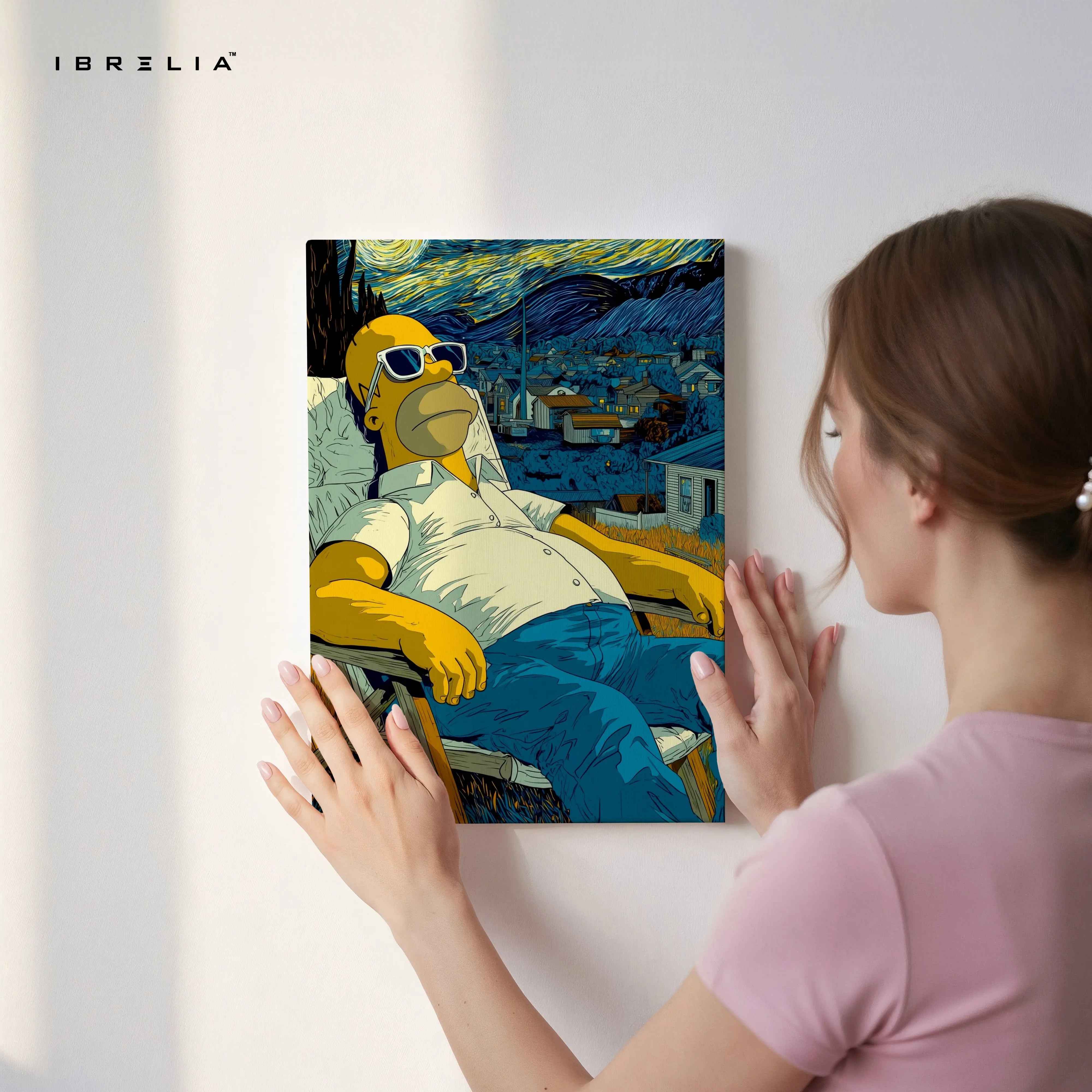 Homer Simpson Starry Chill Wall Art – Artistic Cartoon Canvas Frame | Van Gogh Style Aesthetic Decor Pakistan | IBRELIA™ IBRELIA