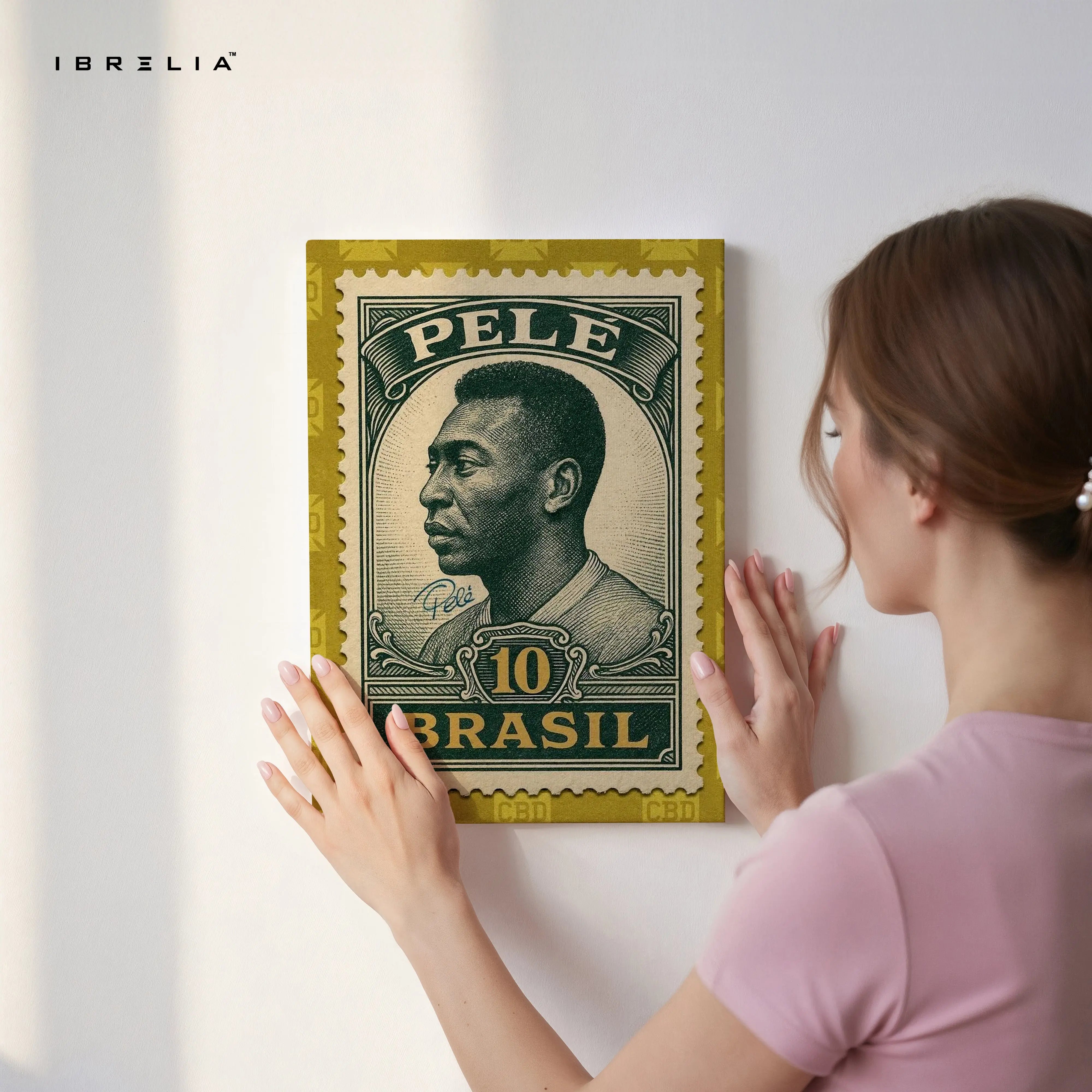 Pelé Vintage Stamp Wall Art – Brazil Football Legend Canvas Frame | Classic Sports Poster Pakistan | IBRELIA™ IBRELIA