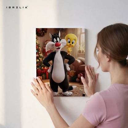 Sylvester & Tweety Wall Art – Cartoon Character Canvas Frame | Cute Animated Poster Pakistan | IBRELIA™ IBRELIA
