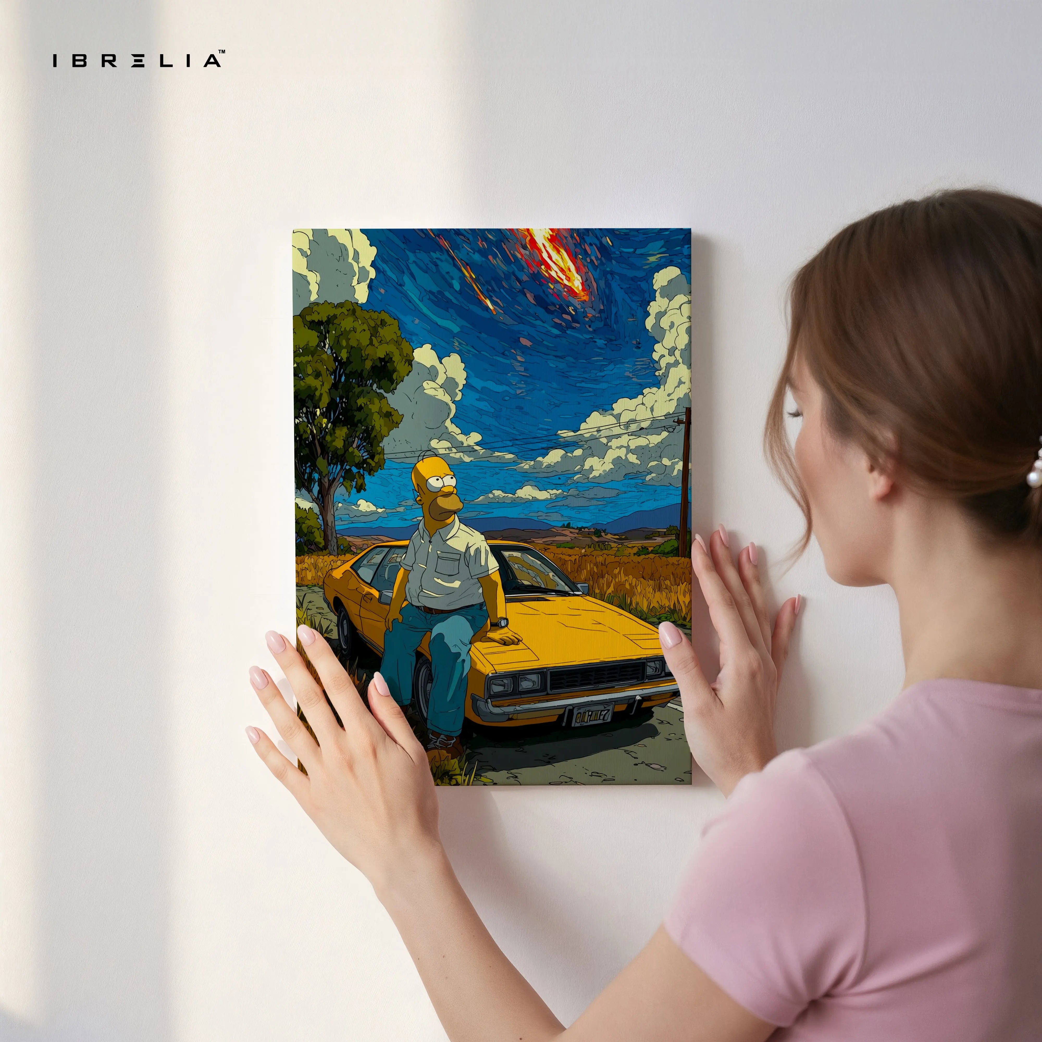 Cartoon Desert Sky Wall Art – Aesthetic Car Scene Canvas Frame | Cinematic Illustration Poster Pakistan | IBRELIA™ IBRELIA