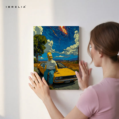 Cartoon Desert Sky Wall Art – Aesthetic Car Scene Canvas Frame | Cinematic Illustration Poster Pakistan | IBRELIA™ IBRELIA