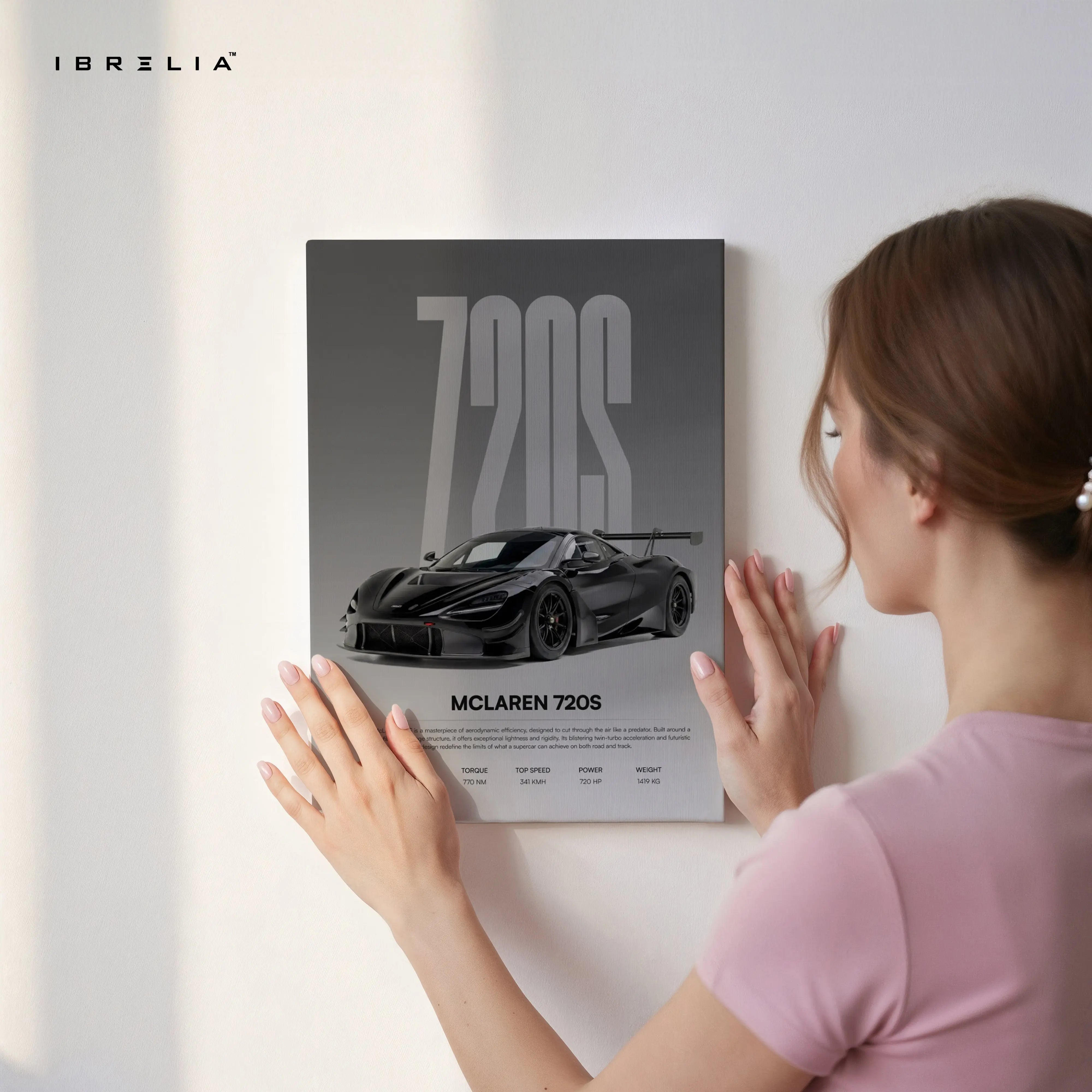 McLaren 720S Minimal Spec Poster Wall Art – Luxury Supercar Wall Art | 4K Ultra Wrap Frame Wall Art in Pakistan | IBRELIA™ IBRELIA
