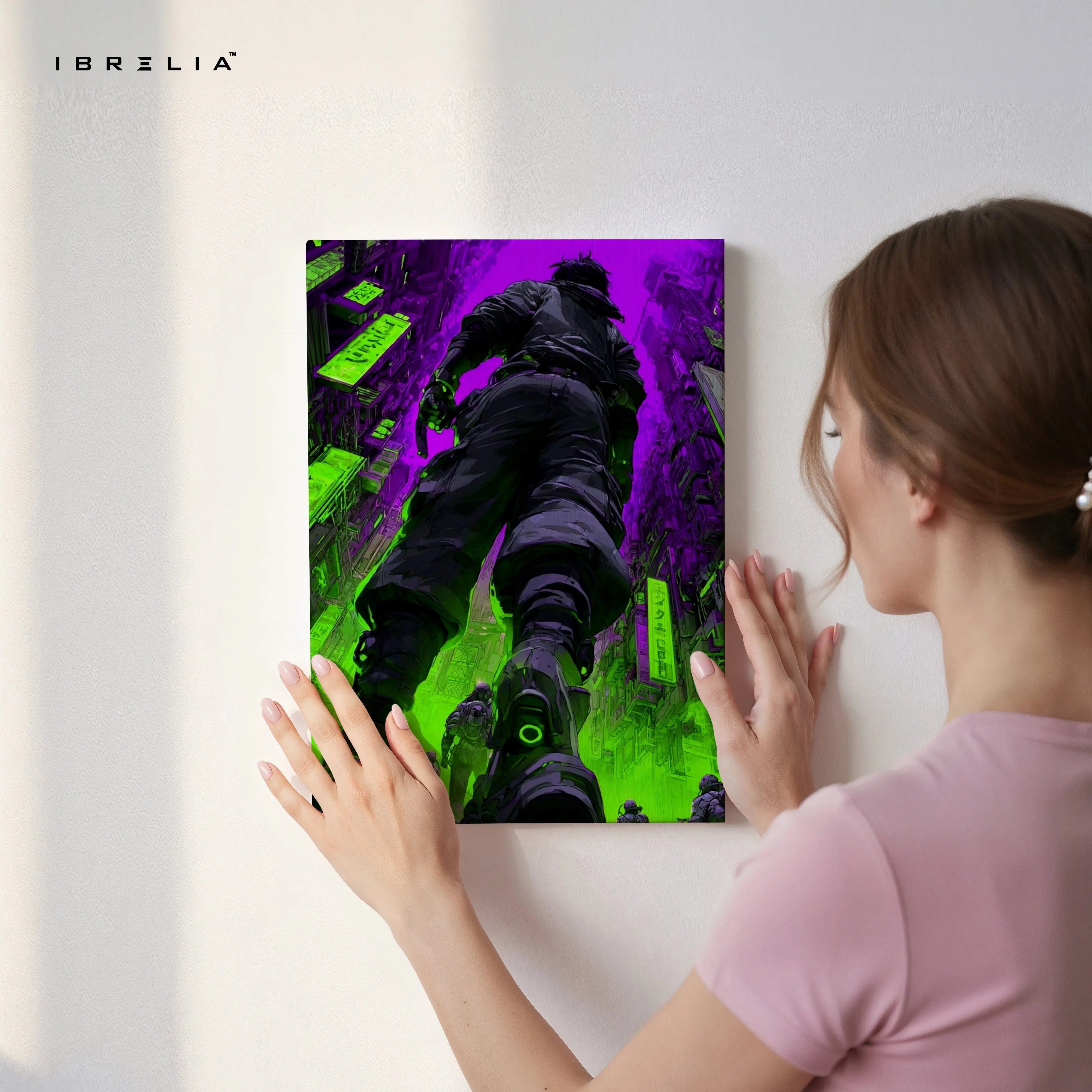 Cyberpunk Neon Soldier Wall Art – Futuristic City Canvas Frame | Sci-Fi Gaming Poster Pakistan | IBRELIA™ IBRELIA