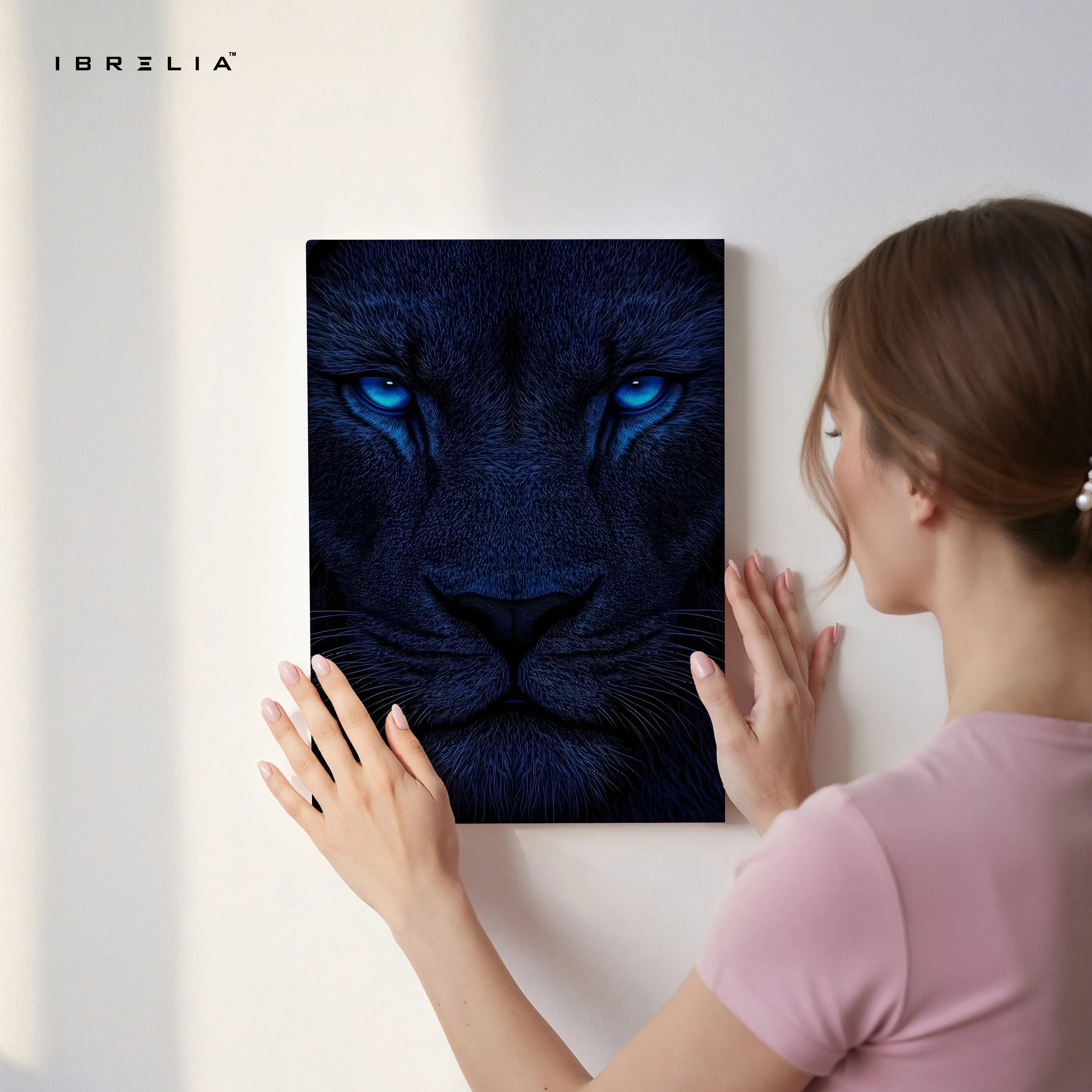 Blue Eyes Lion Wall Art – Dark Aesthetic Wildlife Canvas Frame | Luxury Animal Poster Pakistan | IBRELIA™ IBRELIA
