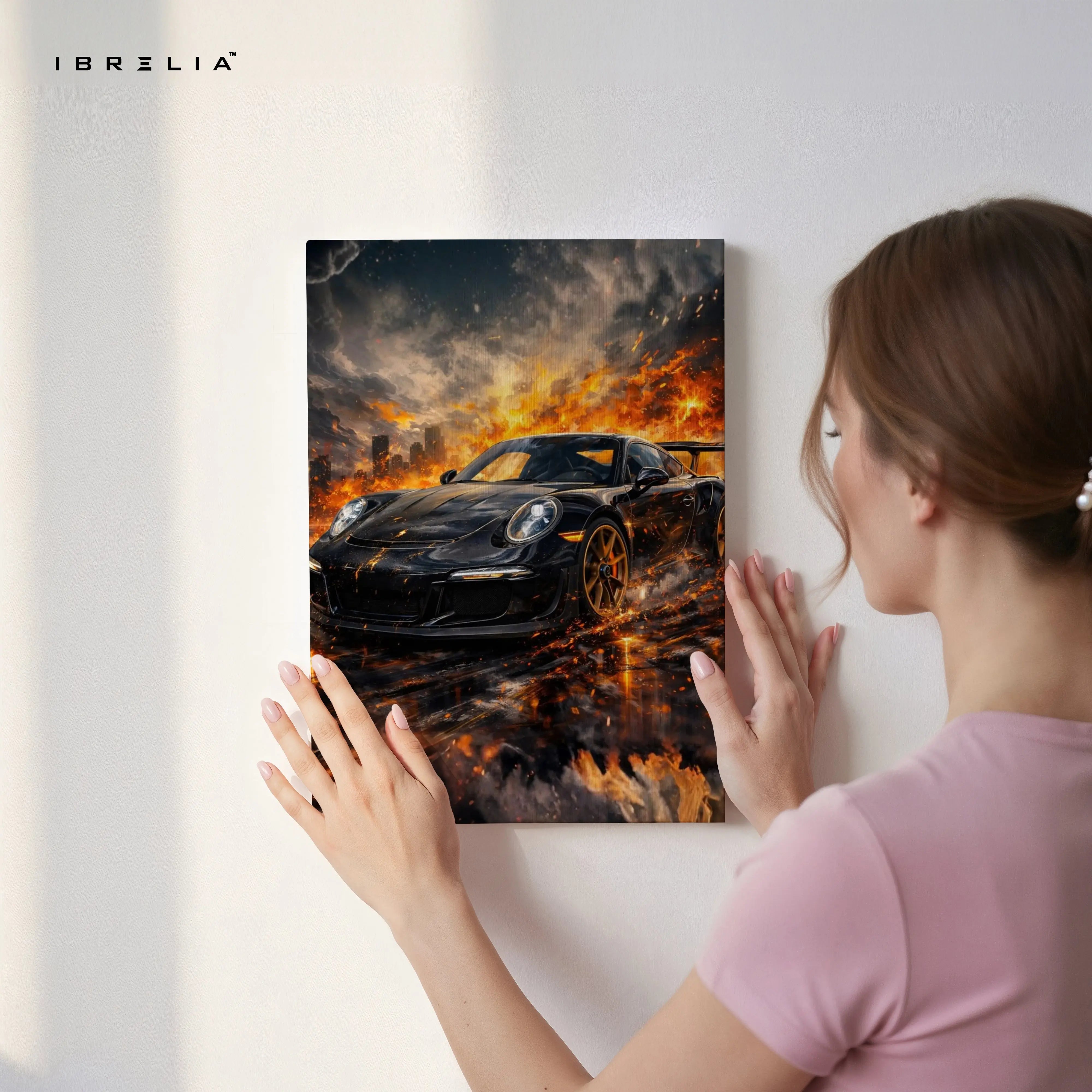Porsche Firestorm Wall Art – Cinematic Supercar Explosion Poster | 4K Ultra Wrap Frame Wall Art in Pakistan | IBRELIA™ IBRELIA