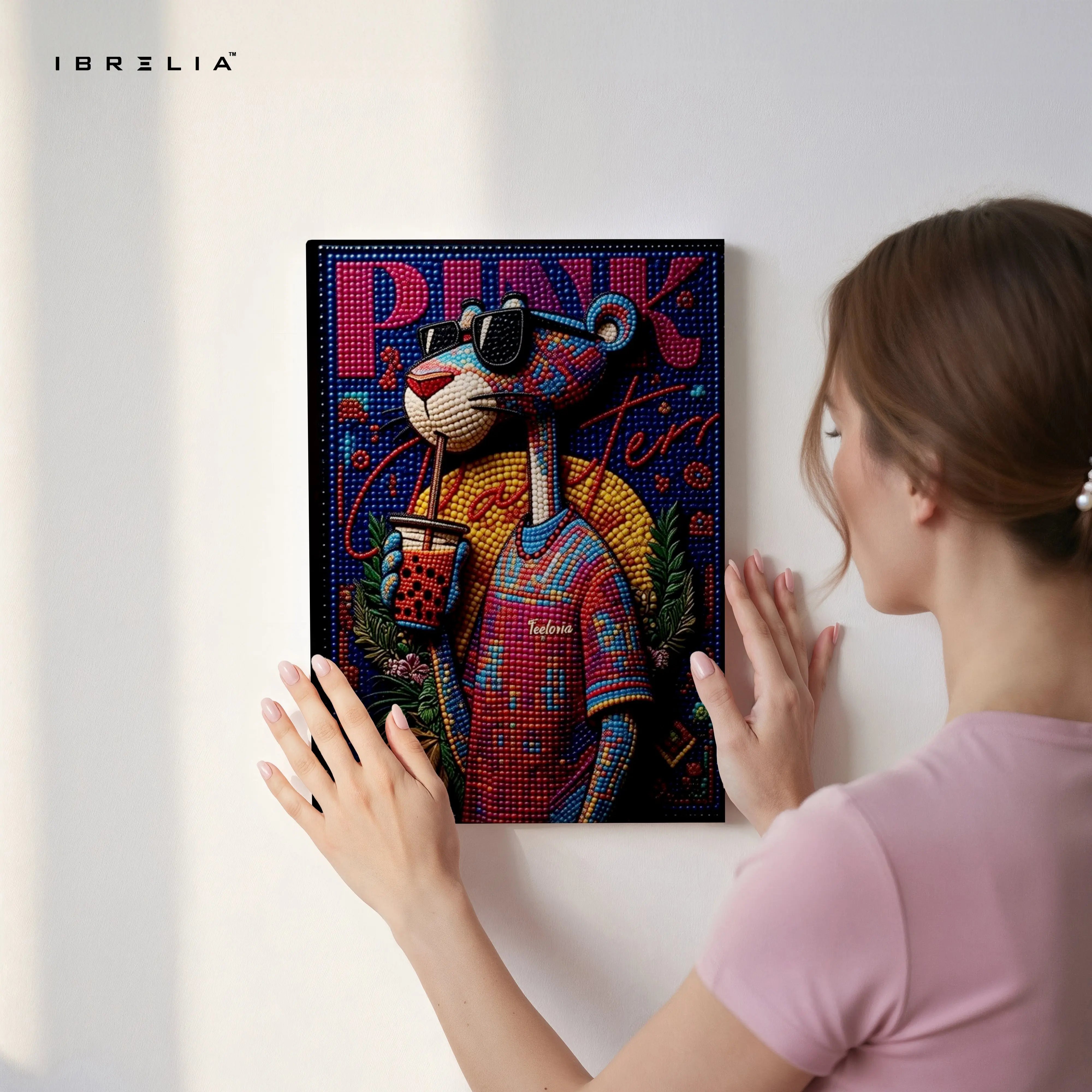 Pink Panther Bubble Tea Wall Art – Pop Art Cartoon Canvas Frame | Colorful Street Style Decor Pakistan | IBRELIA™ IBRELIA