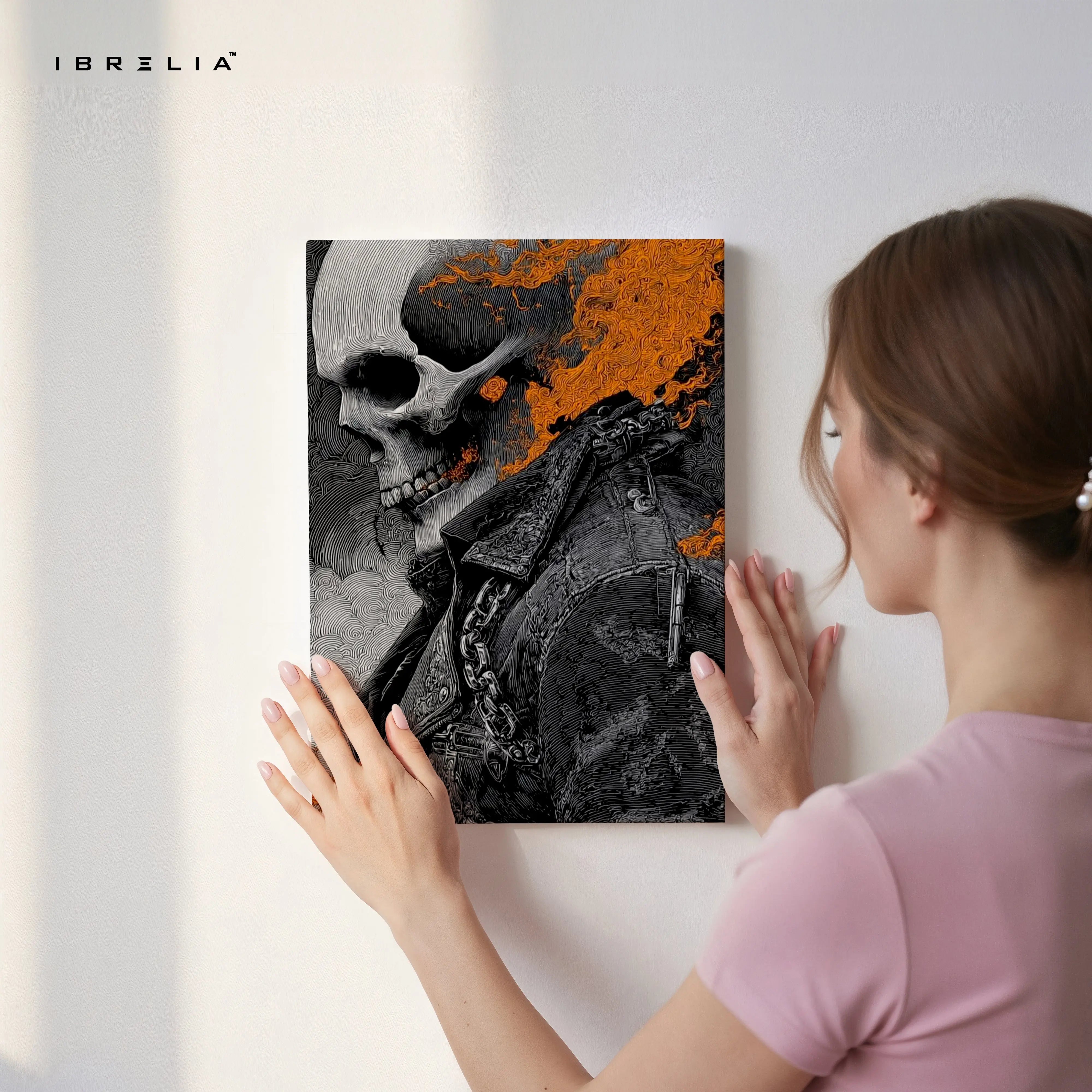 Flaming Skull Wall Art – Dark Biker Canvas Frame | Fire Skull Poster Pakistan | IBRELIA™ IBRELIA