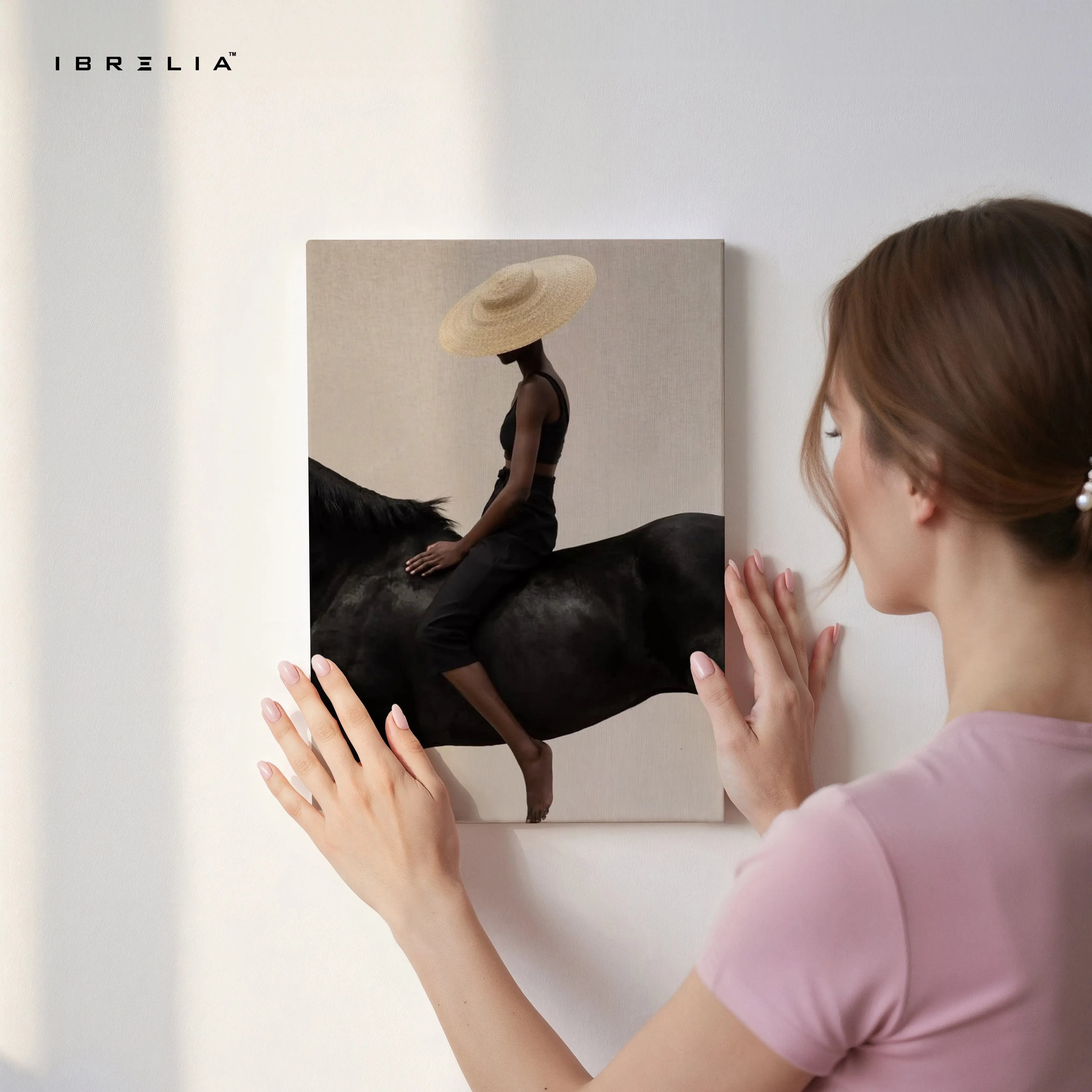 Minimal Equestrian Elegance Art – Modern Woman on Horse Aesthetic Wall Art | 4K Ultra Wrap Frame Wall Art in Pakistan | IBRELIA™ IBRELIA