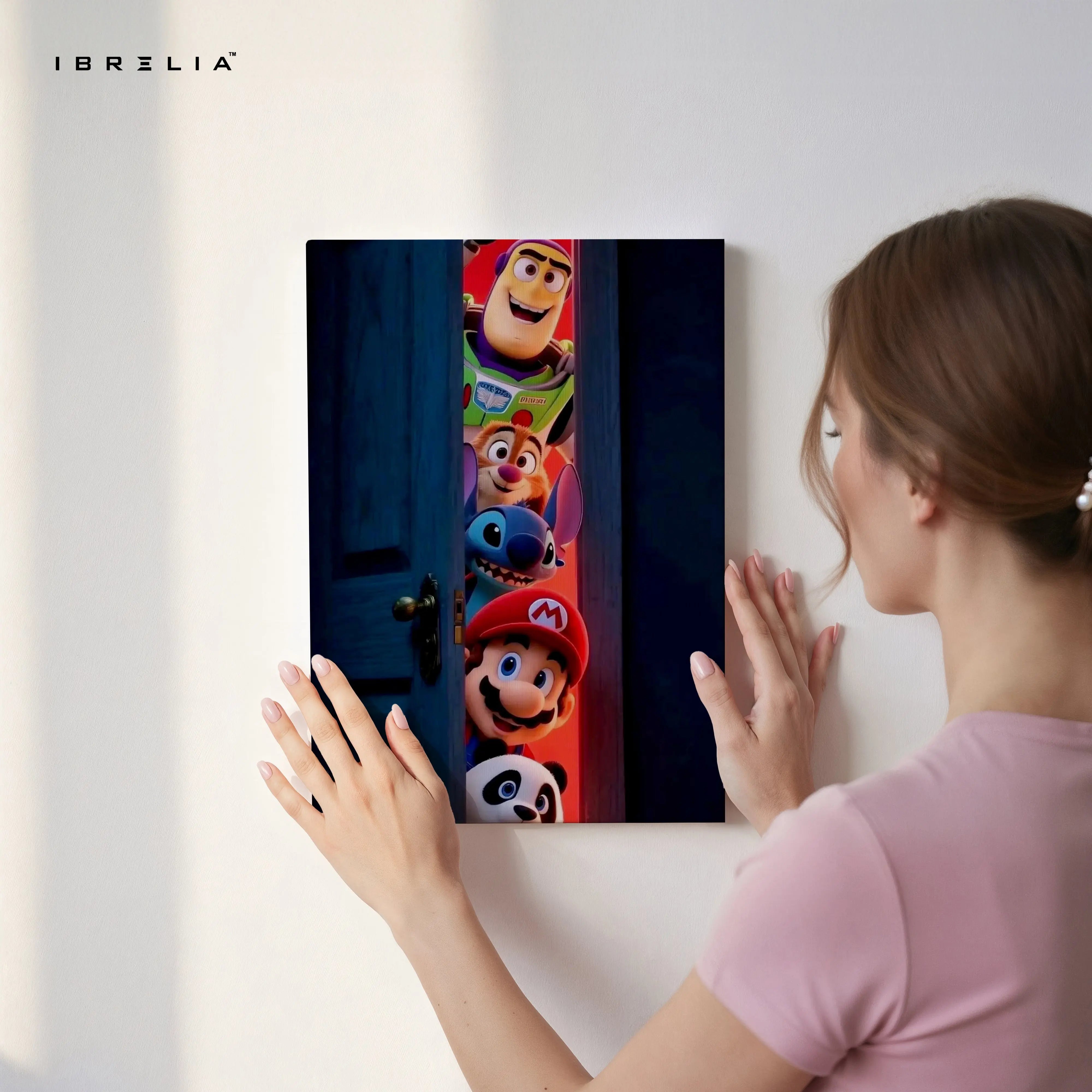 Cartoon Door Peek Wall Art – Animated Characters Canvas Frame | Fun Gaming & Movie Decor Pakistan | IBRELIA™ IBRELIA