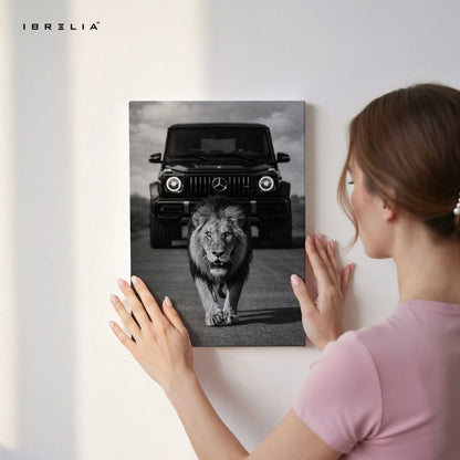 Lion & G Wagon Power Wall Art – Luxury Beast Black & White Canvas Frame | Bold Animal Car Poster Pakistan | IBRELIA™ IBRELIA