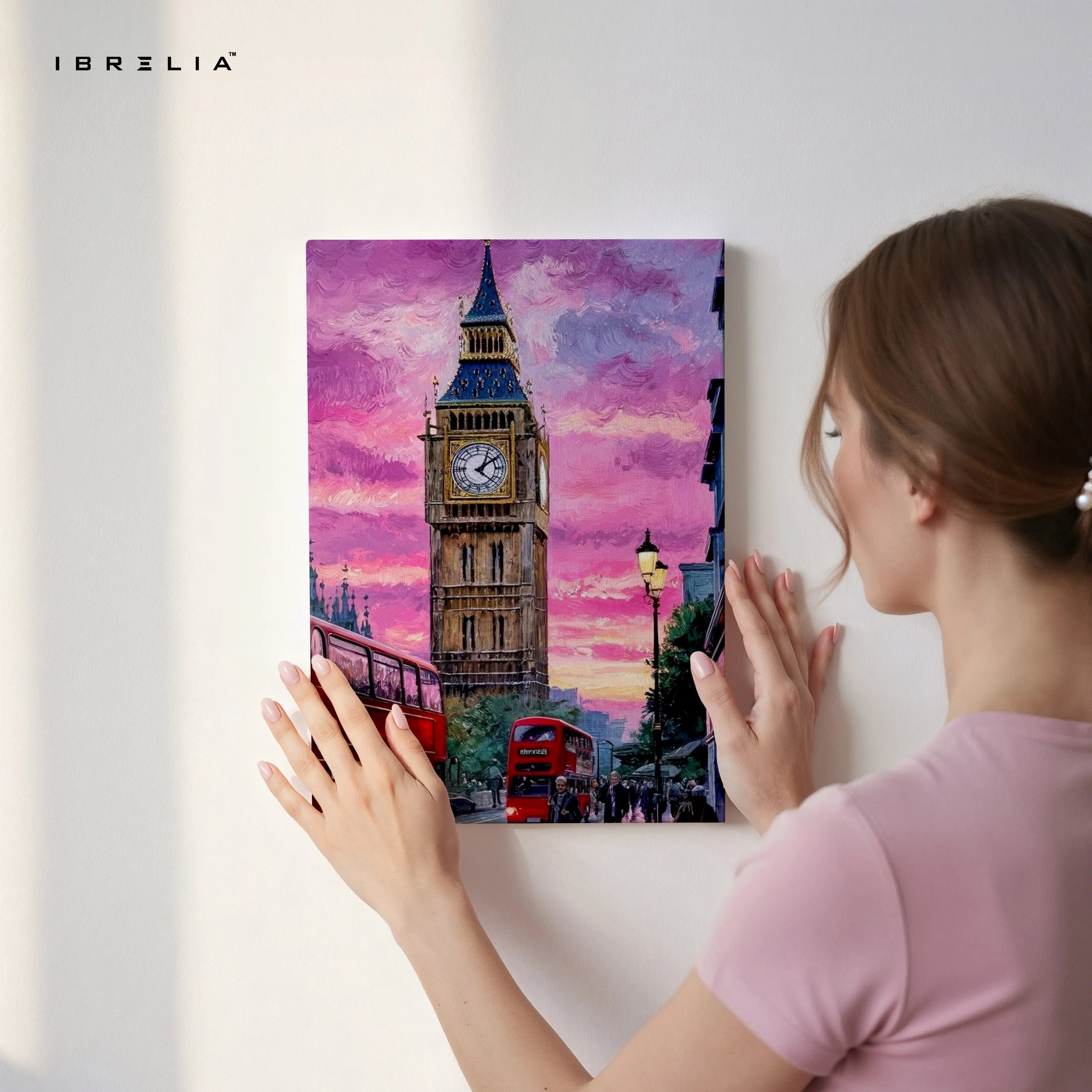 Big Ben London Sunset Wall Art – Pink Sky Cityscape Canvas Frame | Double Decker Bus Poster Pakistan | IBRELIA™ IBRELIA