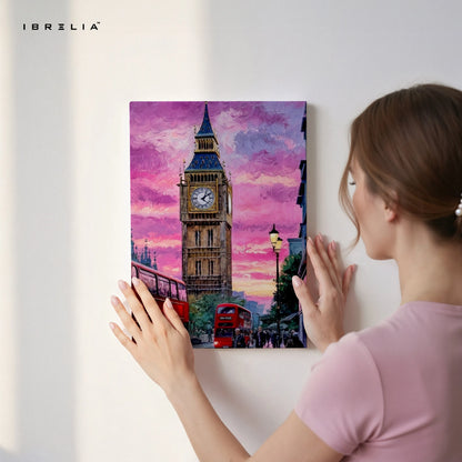 Big Ben London Sunset Wall Art – Pink Sky Cityscape Canvas Frame | Double Decker Bus Poster Pakistan | IBRELIA™ IBRELIA