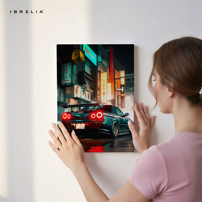 JDM Neon Night Street Car Art – Cyberpunk Tokyo Style Sports Car Wall Art | 4K Ultra Wrap Frame Wall Art in Pakistan | IBRELIA™ IBRELIA