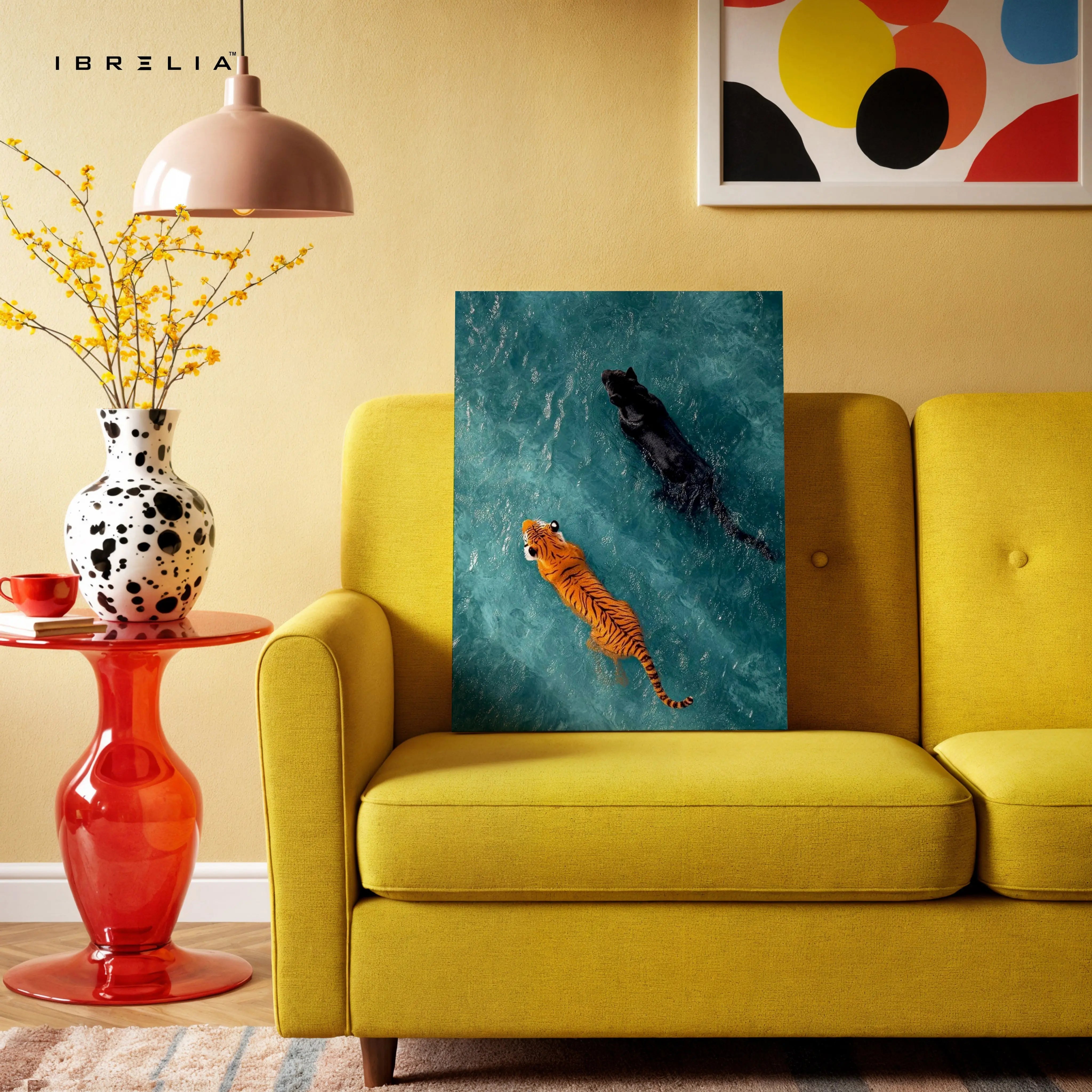 Tiger & Panther Swimming Wall Art – Minimal Wildlife Canvas Frame | Aesthetic Animal Poster Pakistan | IBRELIA™ IBRELIA