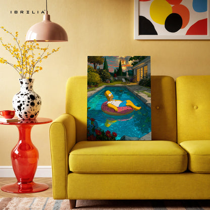 Homer Simpson Chill Pool Wall Art – Relaxing Cartoon Canvas Frame | Aesthetic Summer Vibes Decor Pakistan | IBRELIA™ IBRELIA