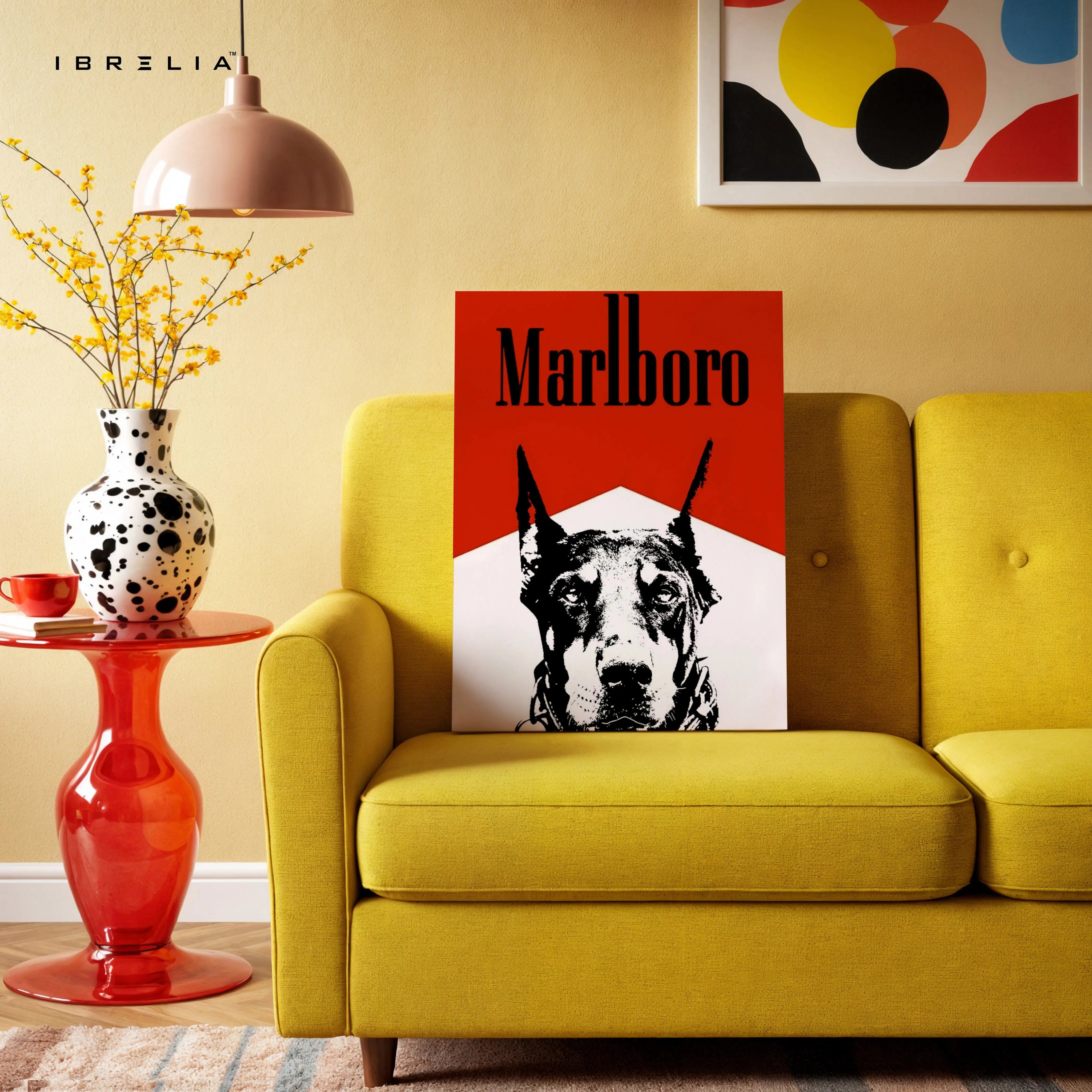 Doberman Vintage Poster Wall Art – Red Minimal Dog Canvas Frame | Retro Graphic Animal Poster Pakistan | IBRELIA™ IBRELIA