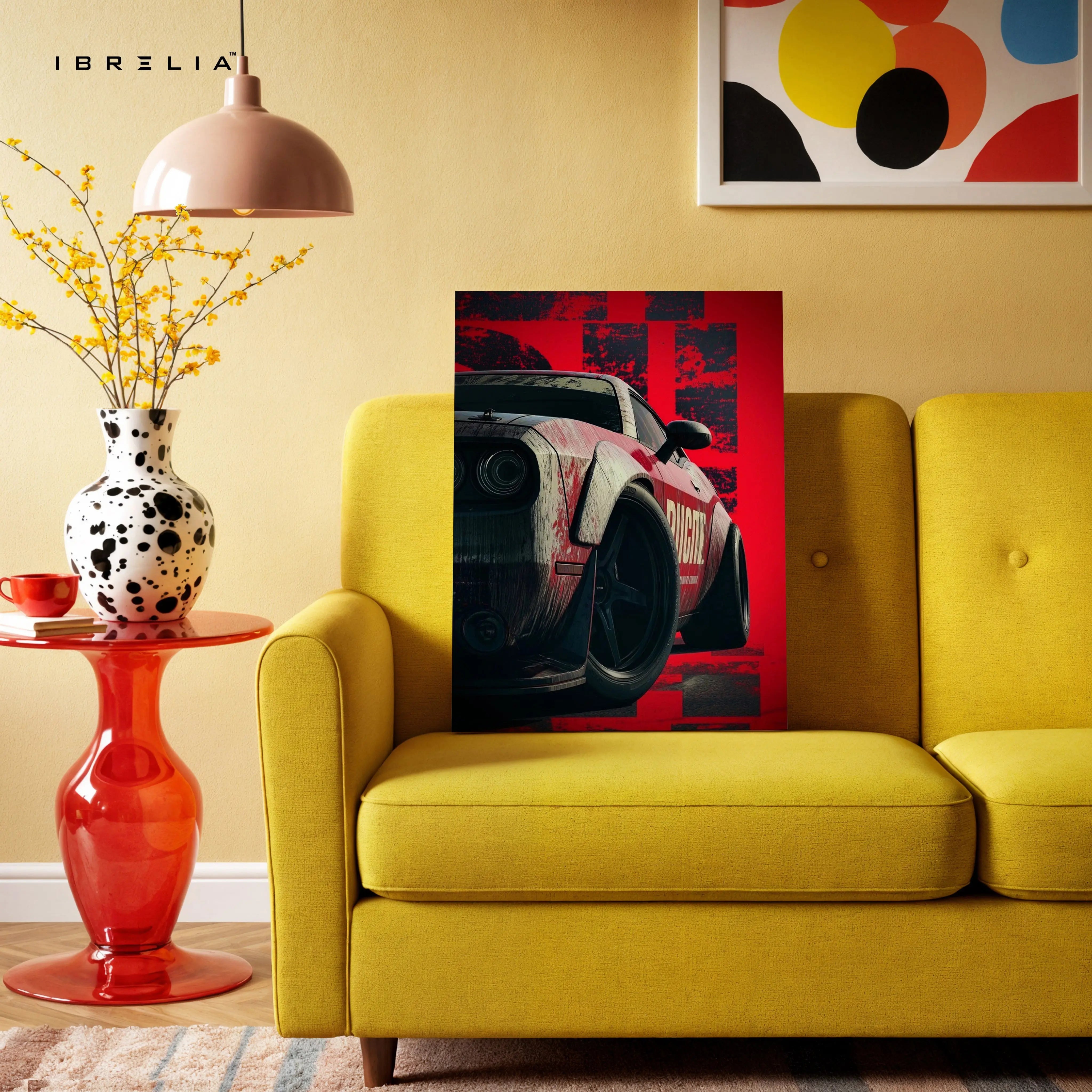 Red Muscle Car Power Wall Art – Racing Drift Automotive Canvas Frame | Aggressive Sports Car Poster Pakistan | IBRELIA™ IBRELIA