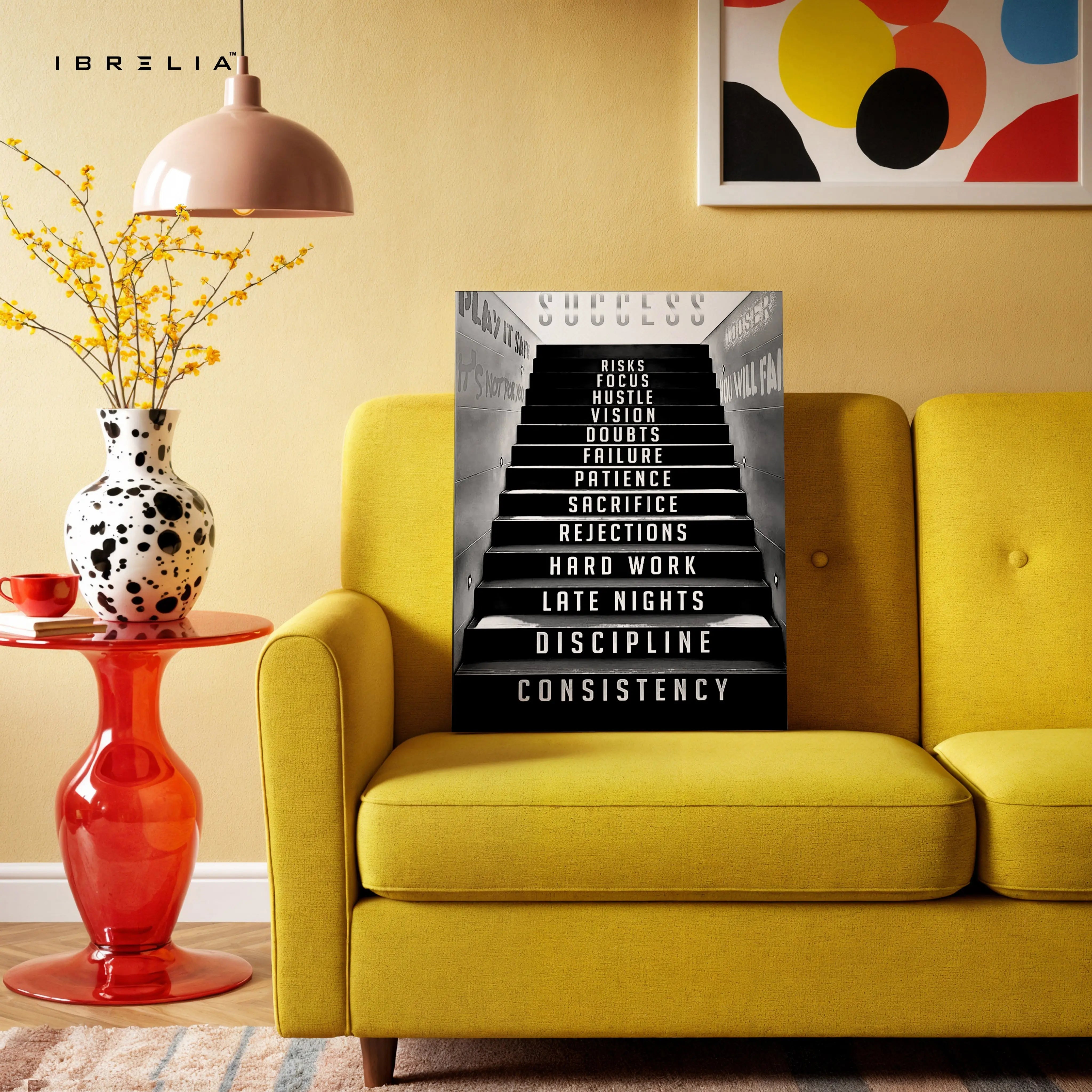Success Staircase Motivation Wall Art – Hustle & Discipline Canvas Frame | Inspirational Office Poster Pakistan | IBRELIA™ IBRELIA