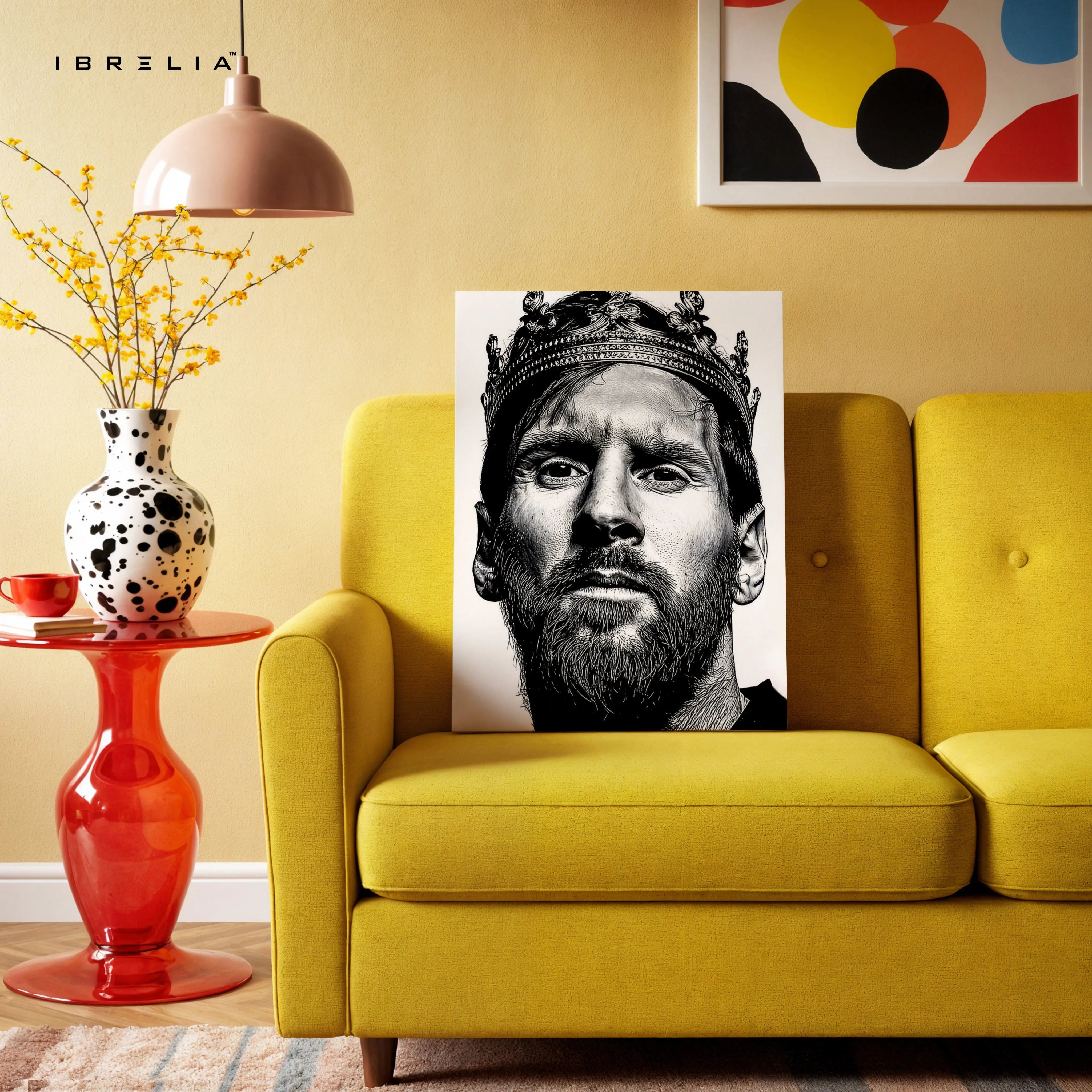 Lionel Messi Crown Portrait Wall Art – Black & White King Messi Canvas Frame | Football Legend Poster Pakistan | IBRELIA™ IBRELIA