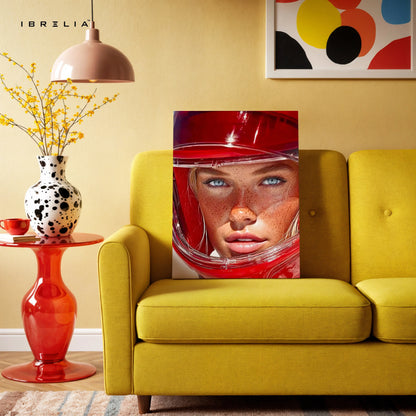 Red Helmet Portrait Wall Art – Aesthetic Fashion Canvas Frame | Bold Modern Female Poster Pakistan | IBRELIA™ IBRELIA