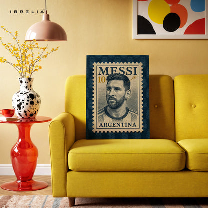 Lionel Messi Vintage Wall Art – Argentina Football Legend Canvas Frame | Retro Stamp Style Poster Pakistan | IBRELIA™ IBRELIA