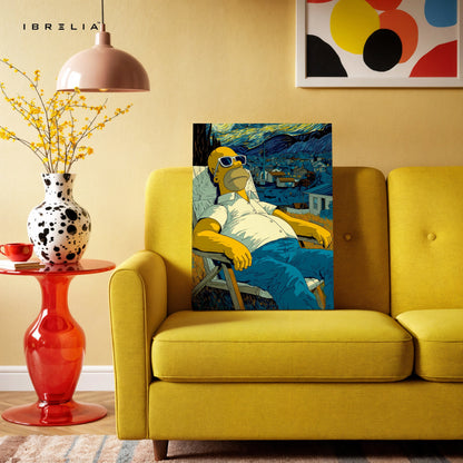 Homer Simpson Starry Chill Wall Art – Artistic Cartoon Canvas Frame | Van Gogh Style Aesthetic Decor Pakistan | IBRELIA™ IBRELIA