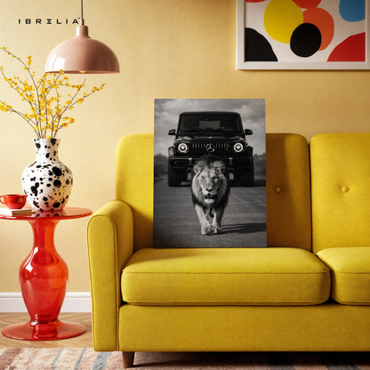 Lion & G Wagon Power Wall Art – Luxury Beast Black & White Canvas Frame | Bold Animal Car Poster Pakistan | IBRELIA™ IBRELIA