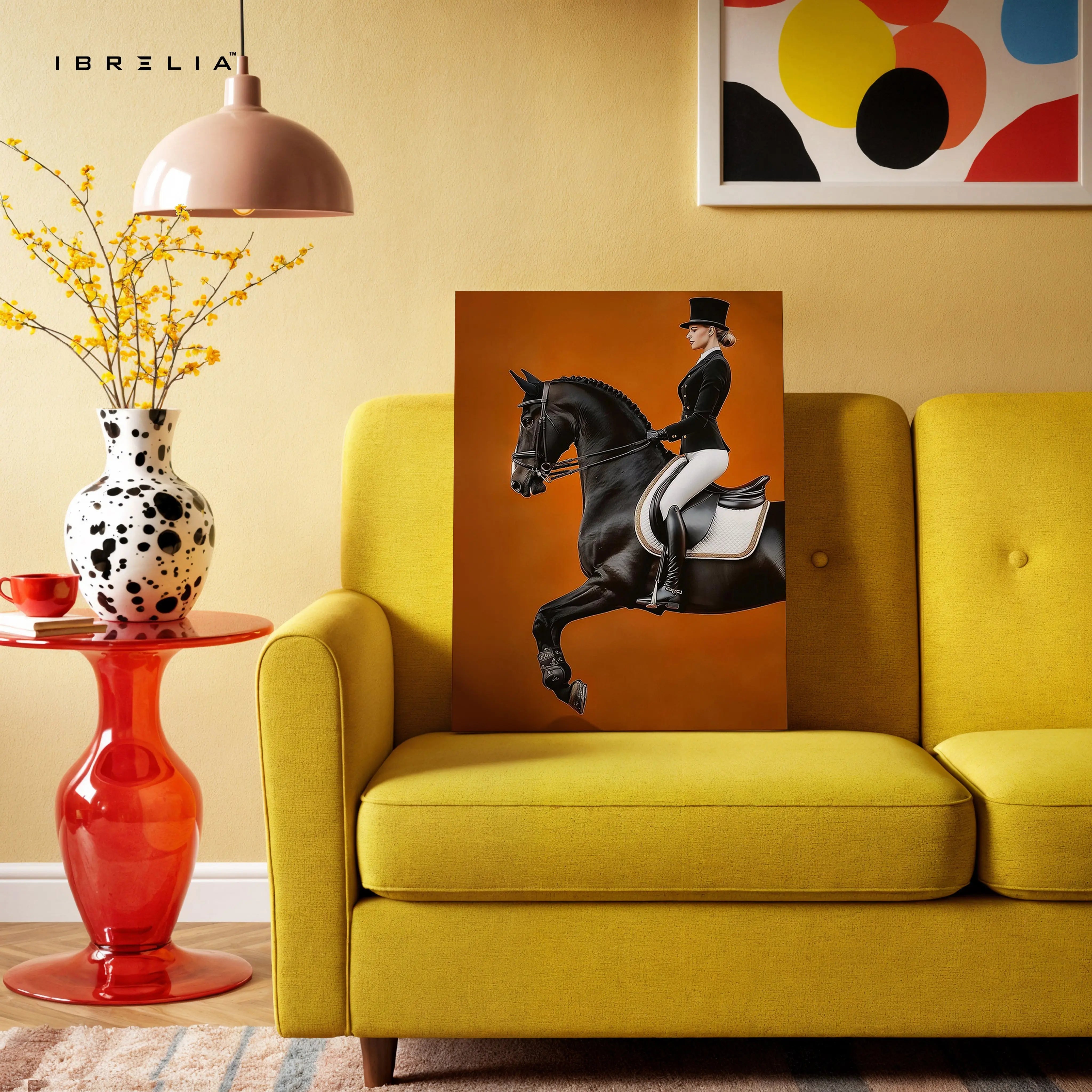 Royal Dressage Elegance Art – Black Horse Rider Luxury Minimal Wall Art | 4K Ultra Wrap Frame Wall Art in Pakistan | IBRELIA™ IBRELIA