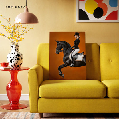 Royal Dressage Elegance Art – Black Horse Rider Luxury Minimal Wall Art | 4K Ultra Wrap Frame Wall Art in Pakistan | IBRELIA™ IBRELIA