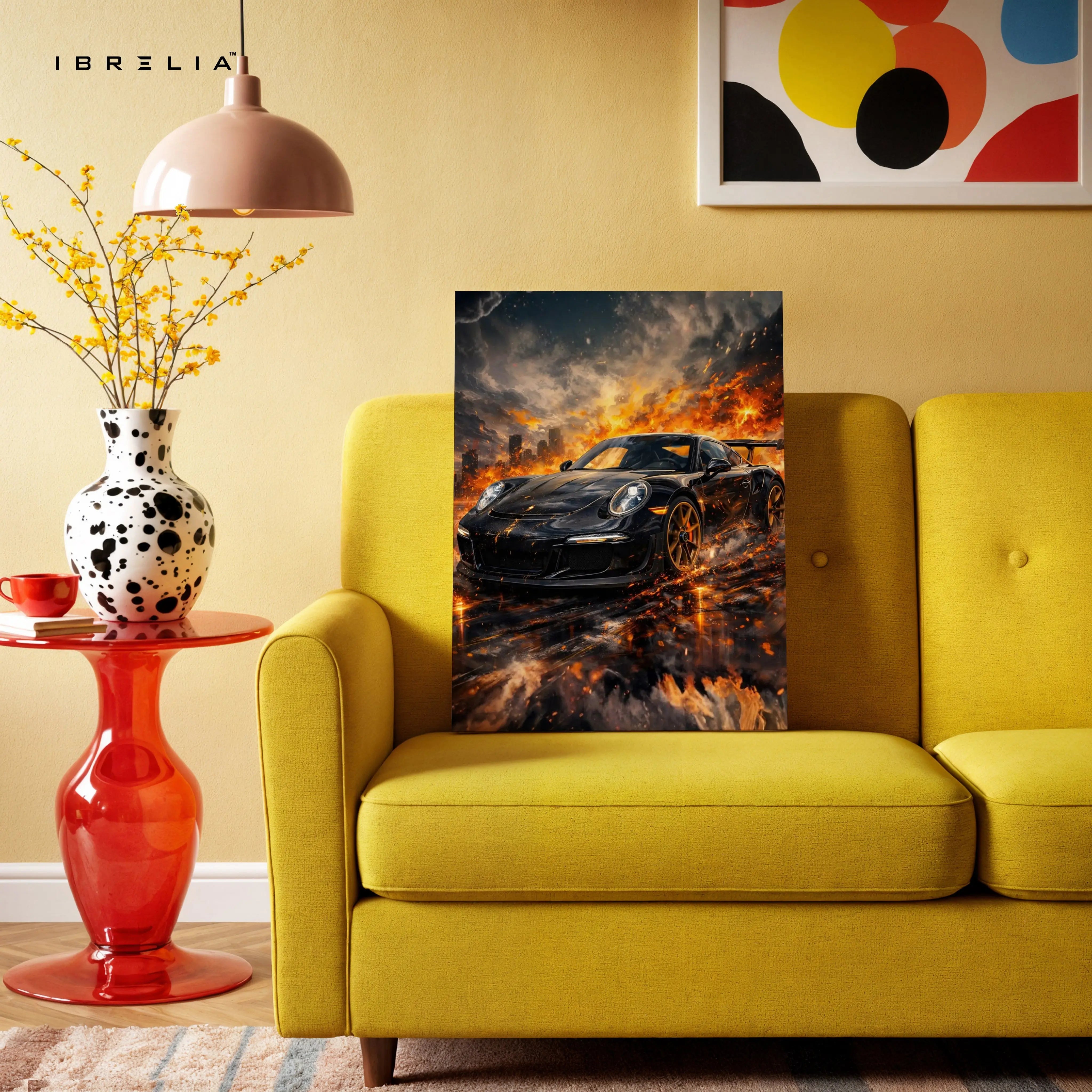Porsche Firestorm Wall Art – Cinematic Supercar Explosion Poster | 4K Ultra Wrap Frame Wall Art in Pakistan | IBRELIA™ IBRELIA