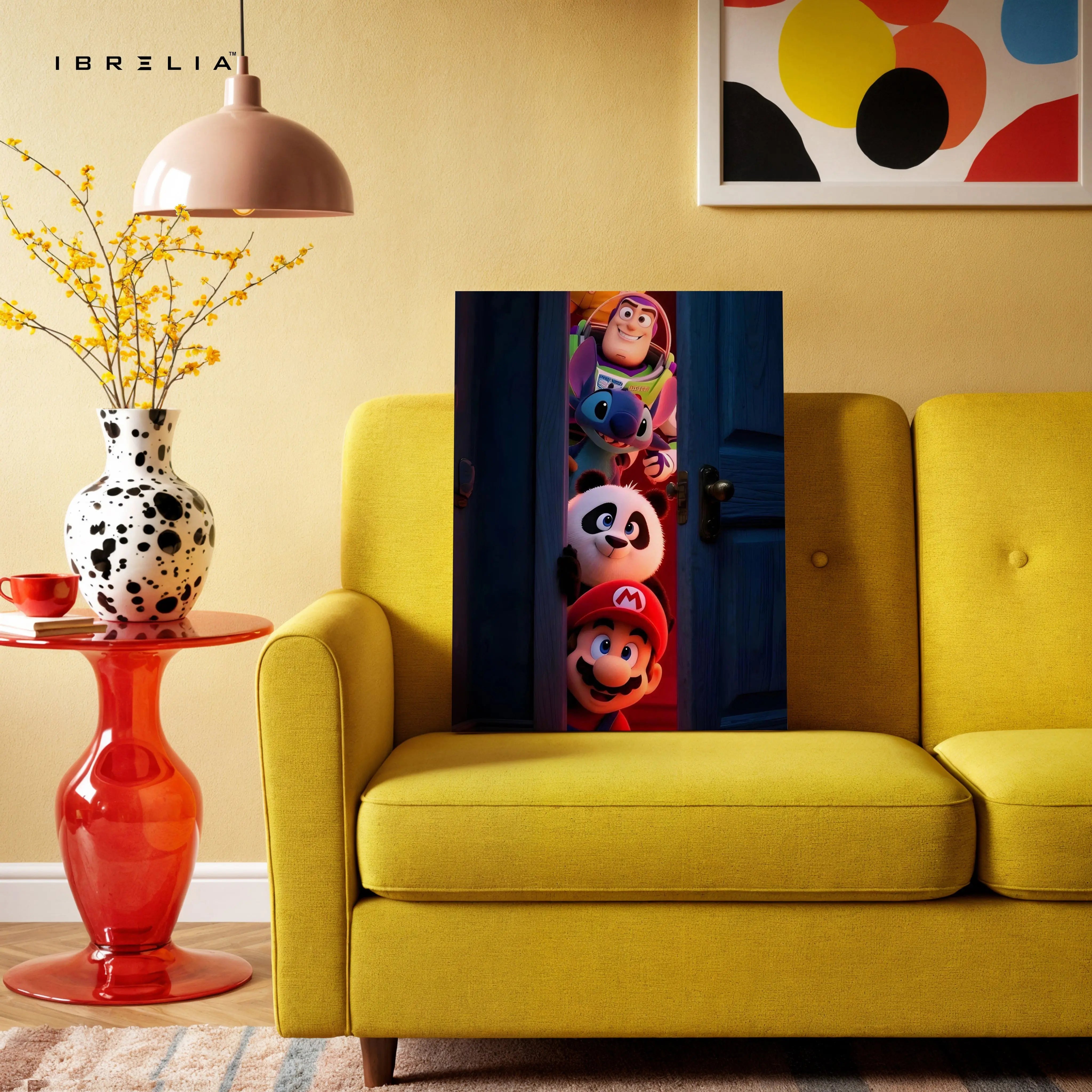 Cartoon Crossover Door Wall Art – Mario Buzz Stitch Panda Canvas Frame | Gaming & Character Decor Pakistan | IBRELIA™ IBRELIA