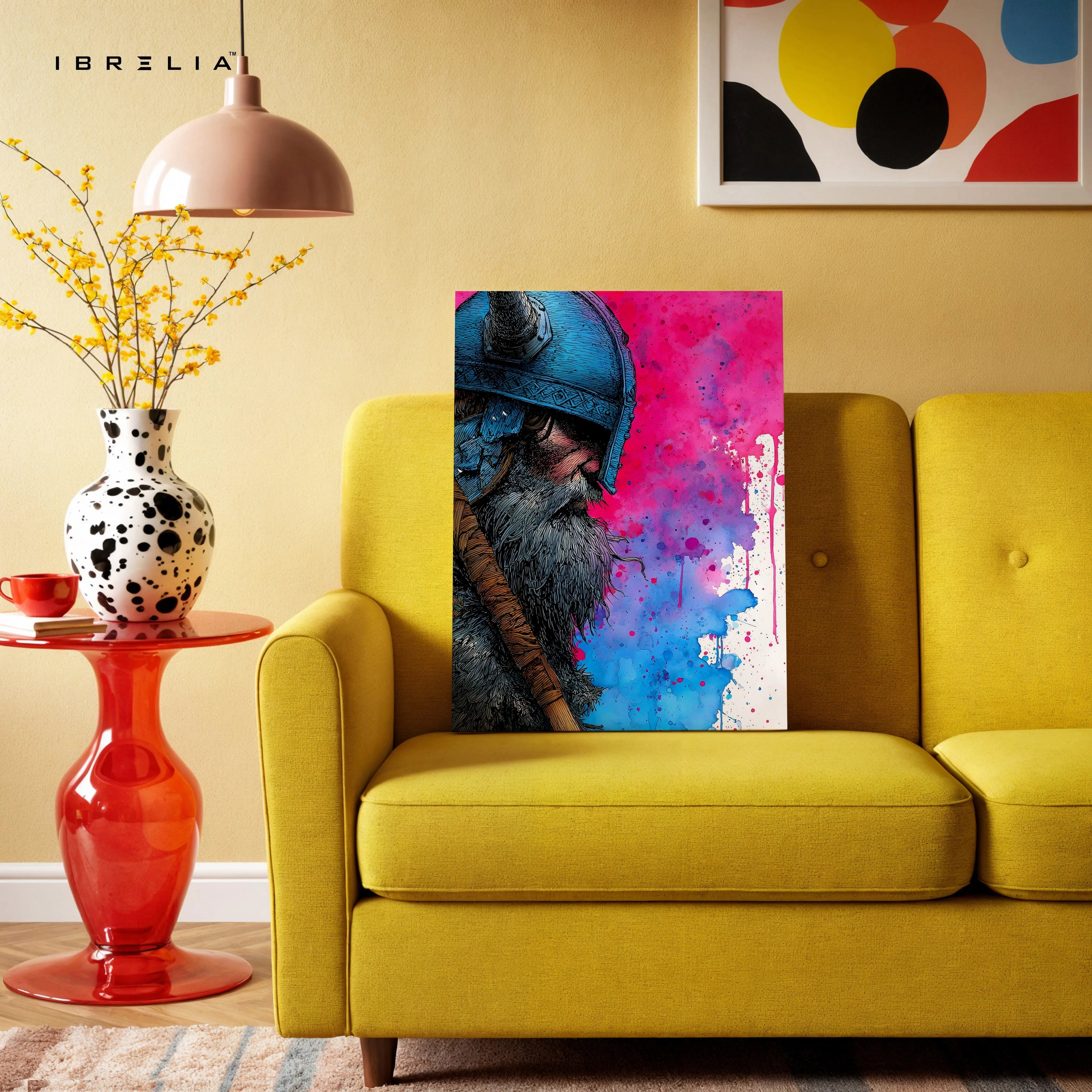 Viking Warrior Portrait Wall Art – Color Splash Norse Canvas Frame | Bold Warrior Illustration Poster Pakistan | IBRELIA™ IBRELIA