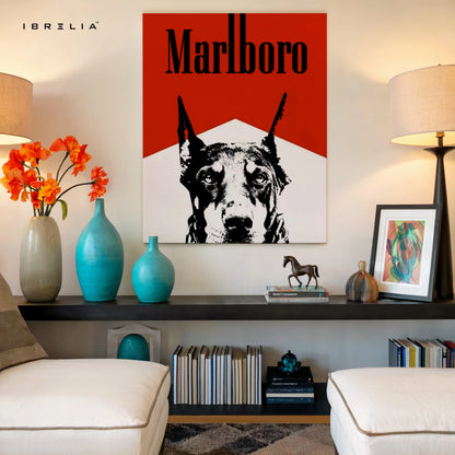 Doberman Vintage Poster Wall Art – Red Minimal Dog Canvas Frame | Retro Graphic Animal Poster Pakistan | IBRELIA™ IBRELIA