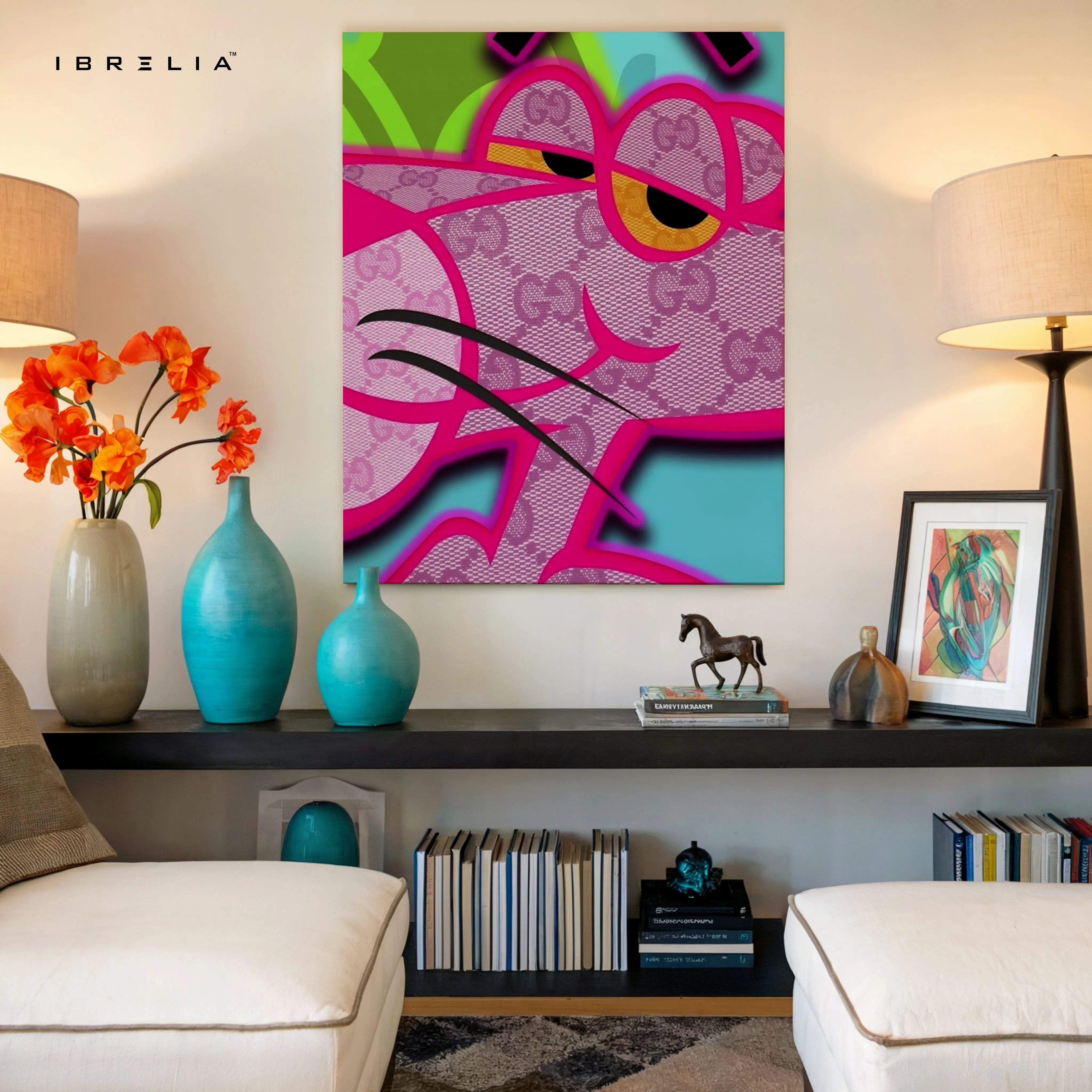 Gucci x Pink Panther Wall Art – Neon Luxury Cartoon Canvas Frame | Designer Street Style Poster Pakistan | IBRELIA™ IBRELIA