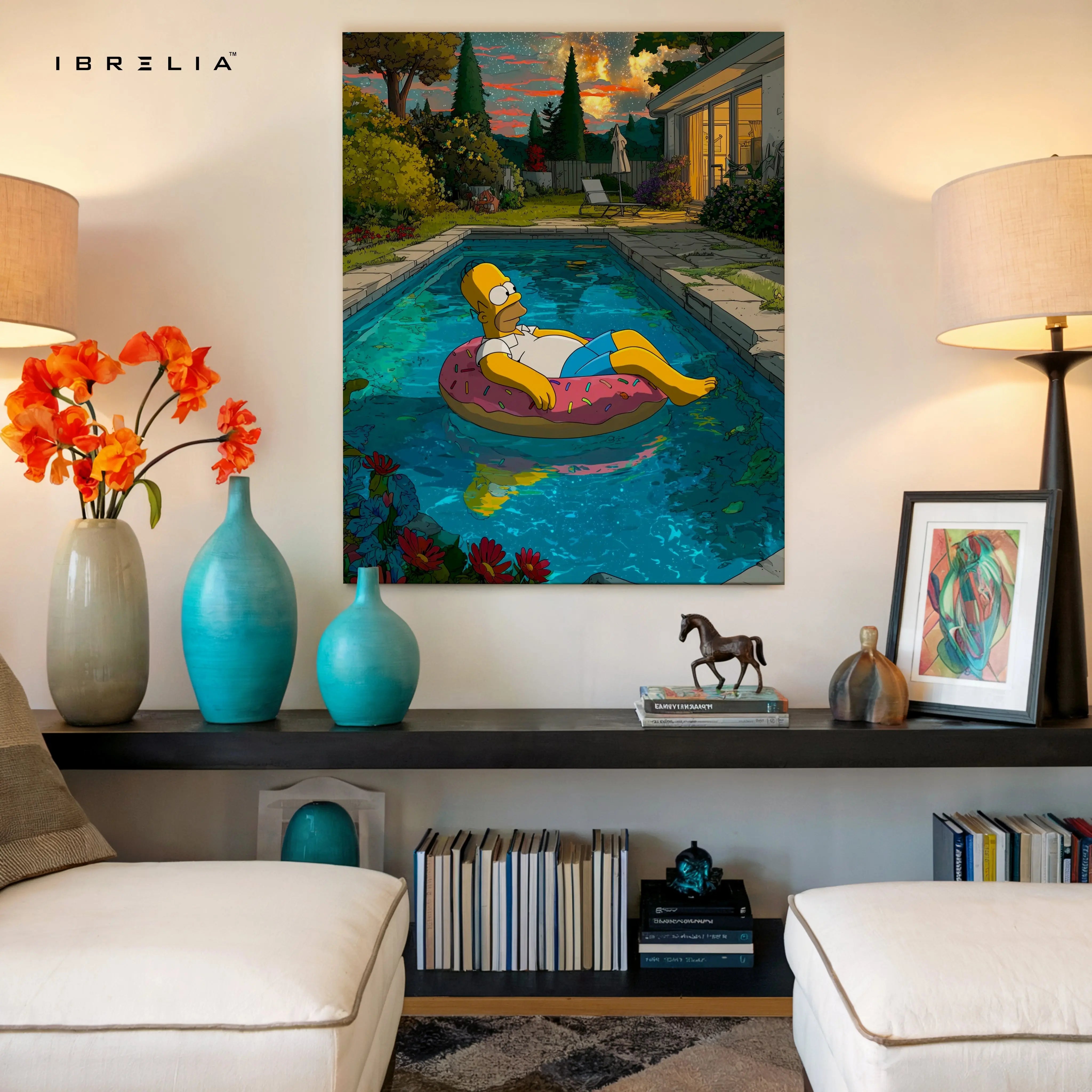 Homer Simpson Chill Pool Wall Art – Relaxing Cartoon Canvas Frame | Aesthetic Summer Vibes Decor Pakistan | IBRELIA™ IBRELIA