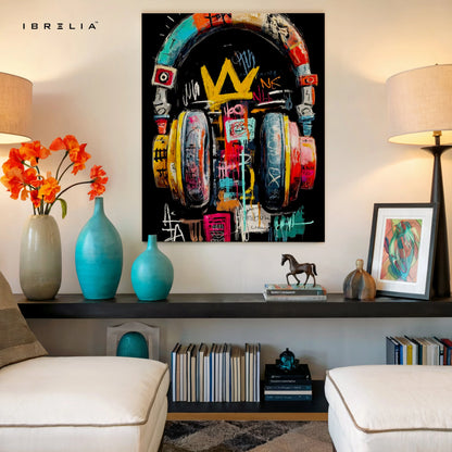 Urban Crown Headphones Wall Art – Graffiti Music Canvas Frame | Street Art Poster Pakistan | IBRELIA™ IBRELIA