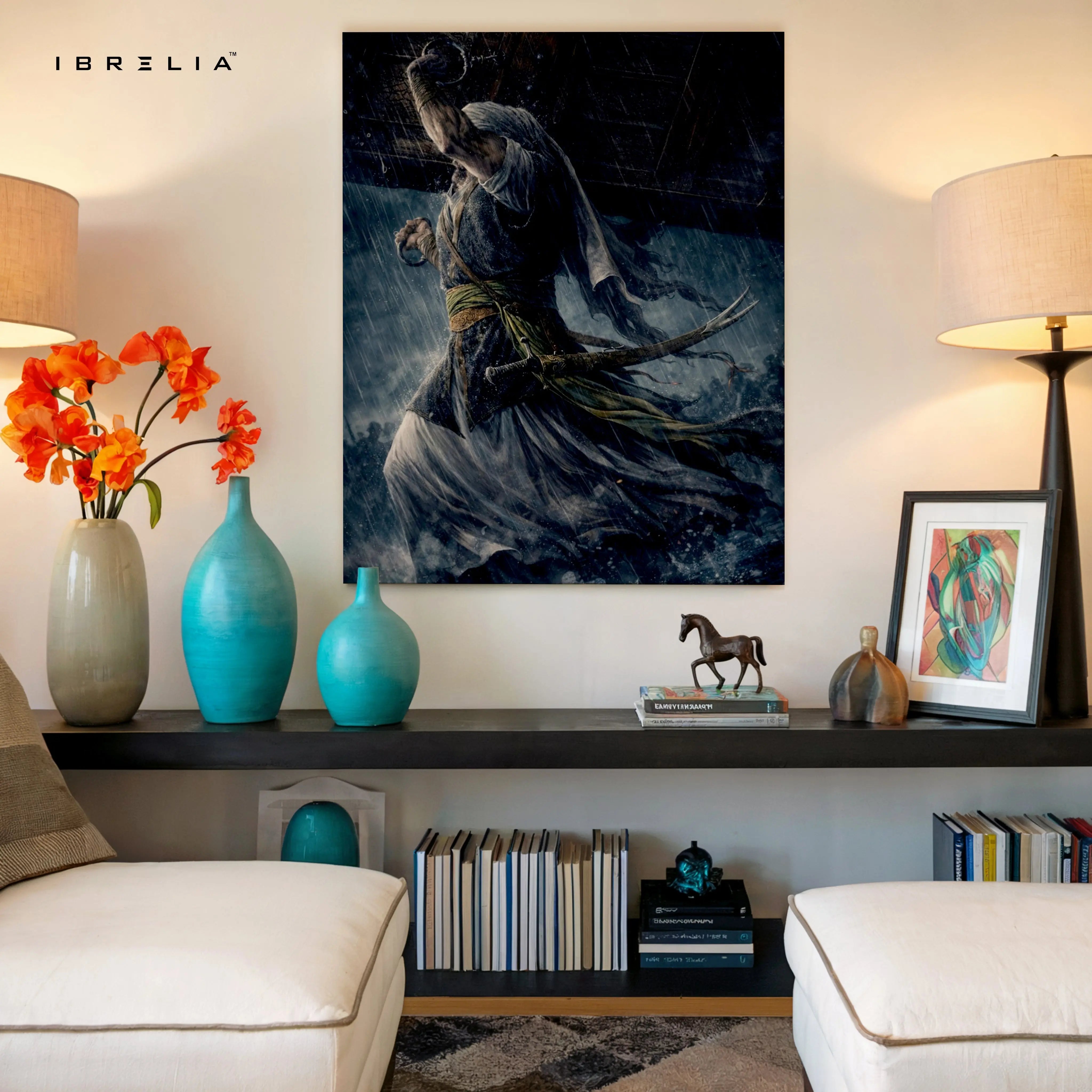 Warrior in Storm Wall Art – Cinematic Battle Canvas Frame | Dark Fantasy Fighter Poster Pakistan | IBRELIA™ IBRELIA