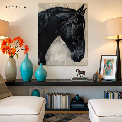 Black Stallion Abstract Art – Minimal Horse Portrait Luxury Wall Art | 4K Ultra Wrap Frame Wall Art in Pakistan | IBRELIA™ IBRELIA