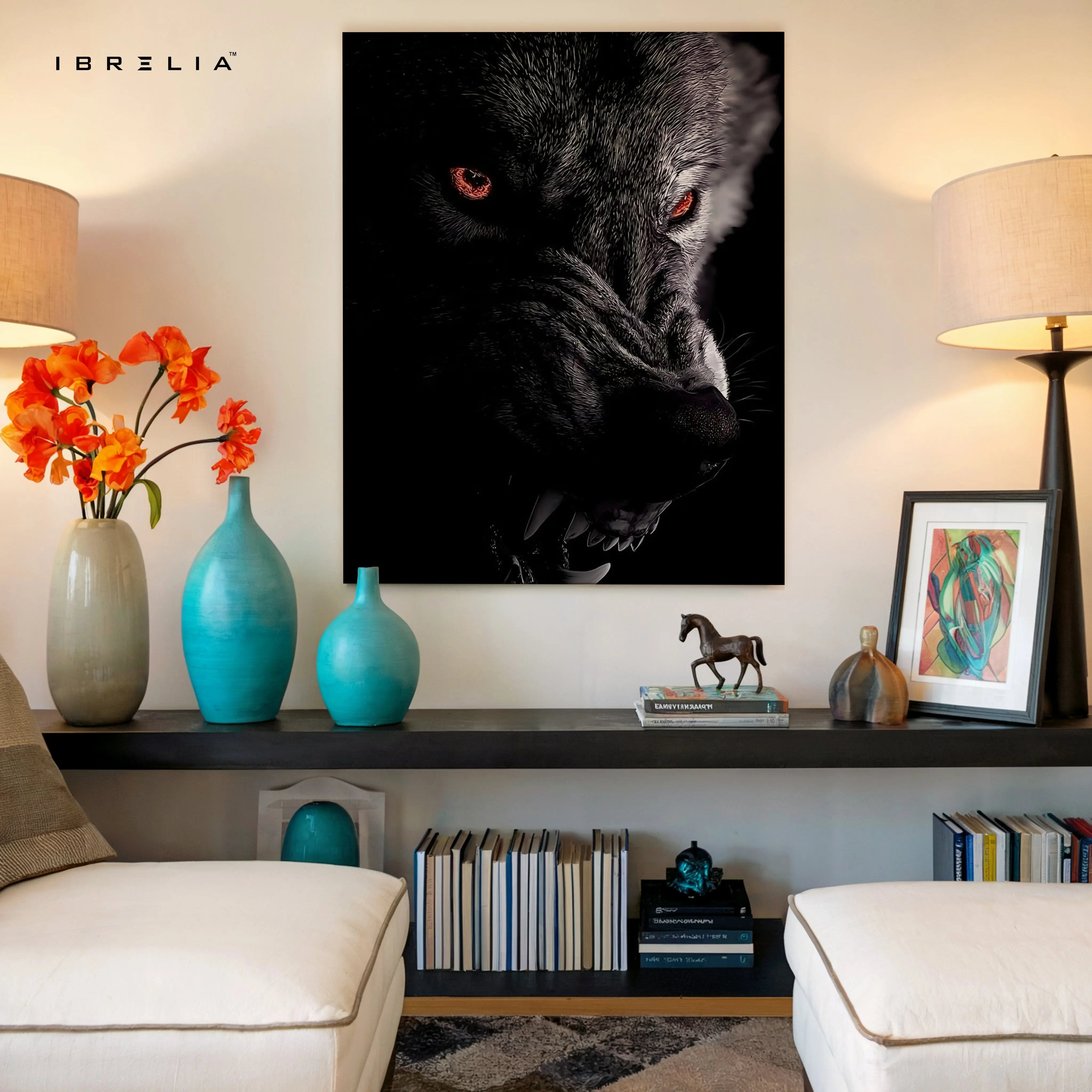 Black Wolf Wall Art – Dark Predator Canvas Frame | Red Eyes Animal Poster Pakistan | IBRELIA™ IBRELIA