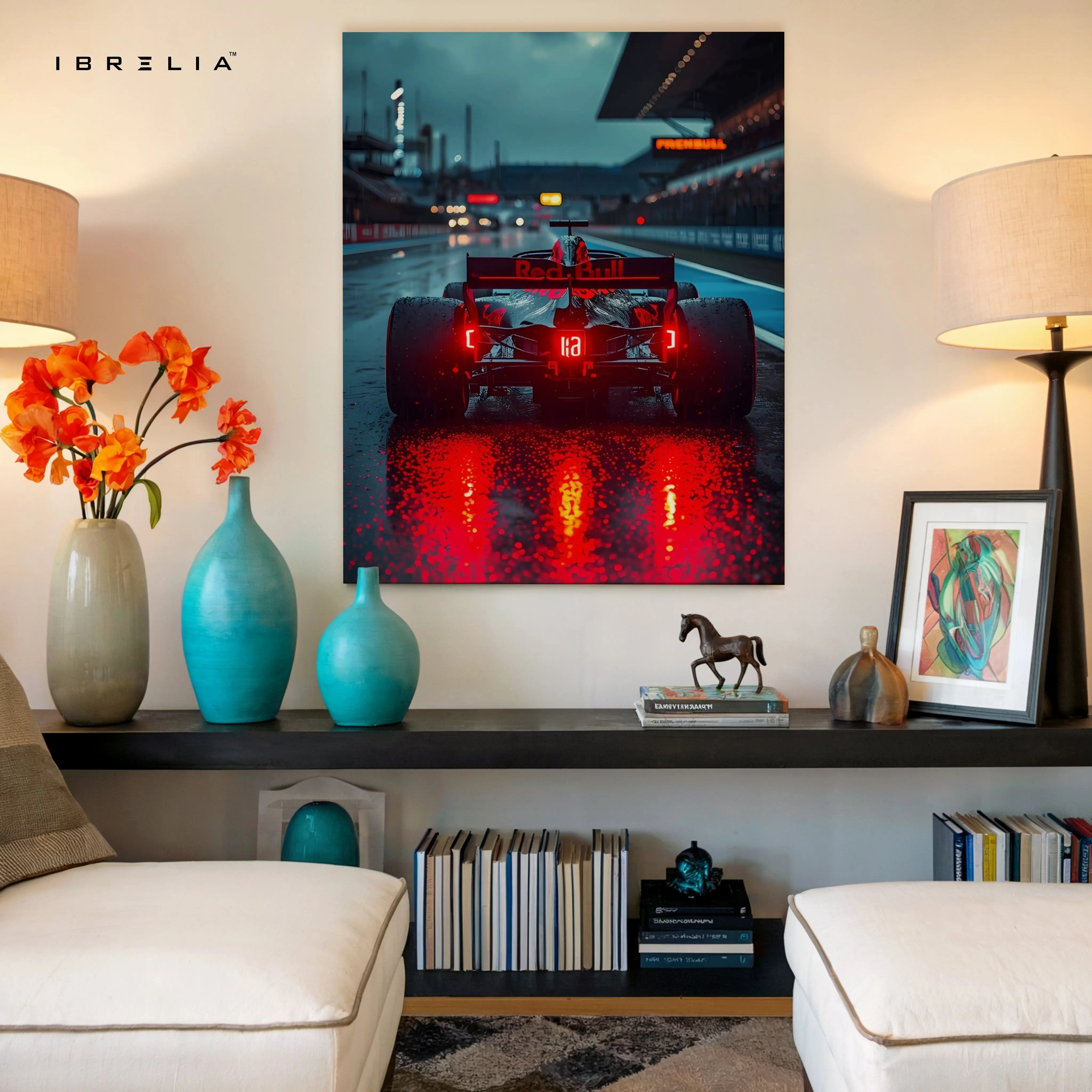 Red Bull F1 Night Rain Wall Art – Formula Racing Canvas Frame Pakistan | Motorsport Poster | IBRELIA™ IBRELIA