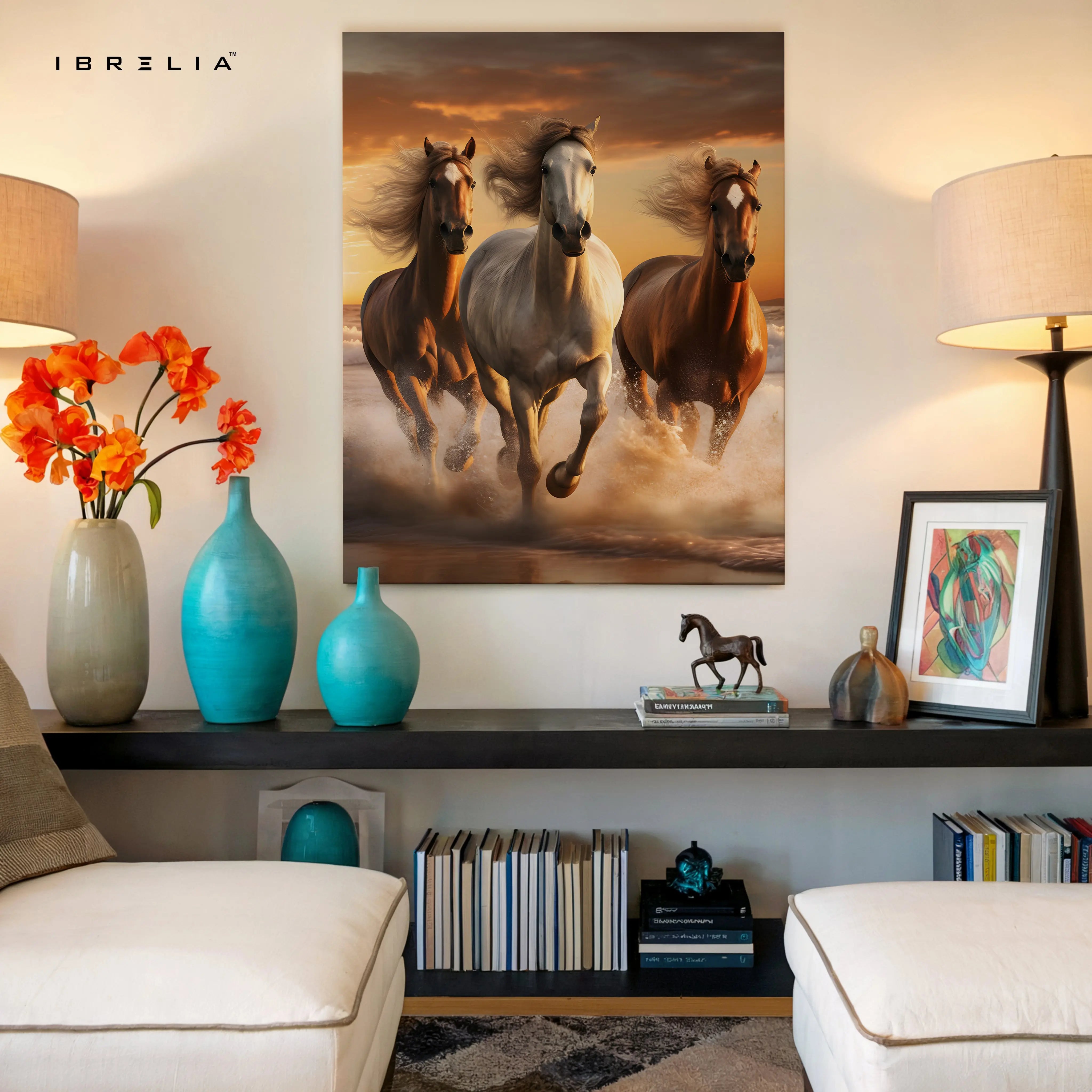 Wild Stallions Power Art – Running Horses Golden Sunset Wall Art | 4K Ultra Wrap Frame Wall Art in Pakistan | IBRELIA™ IBRELIA